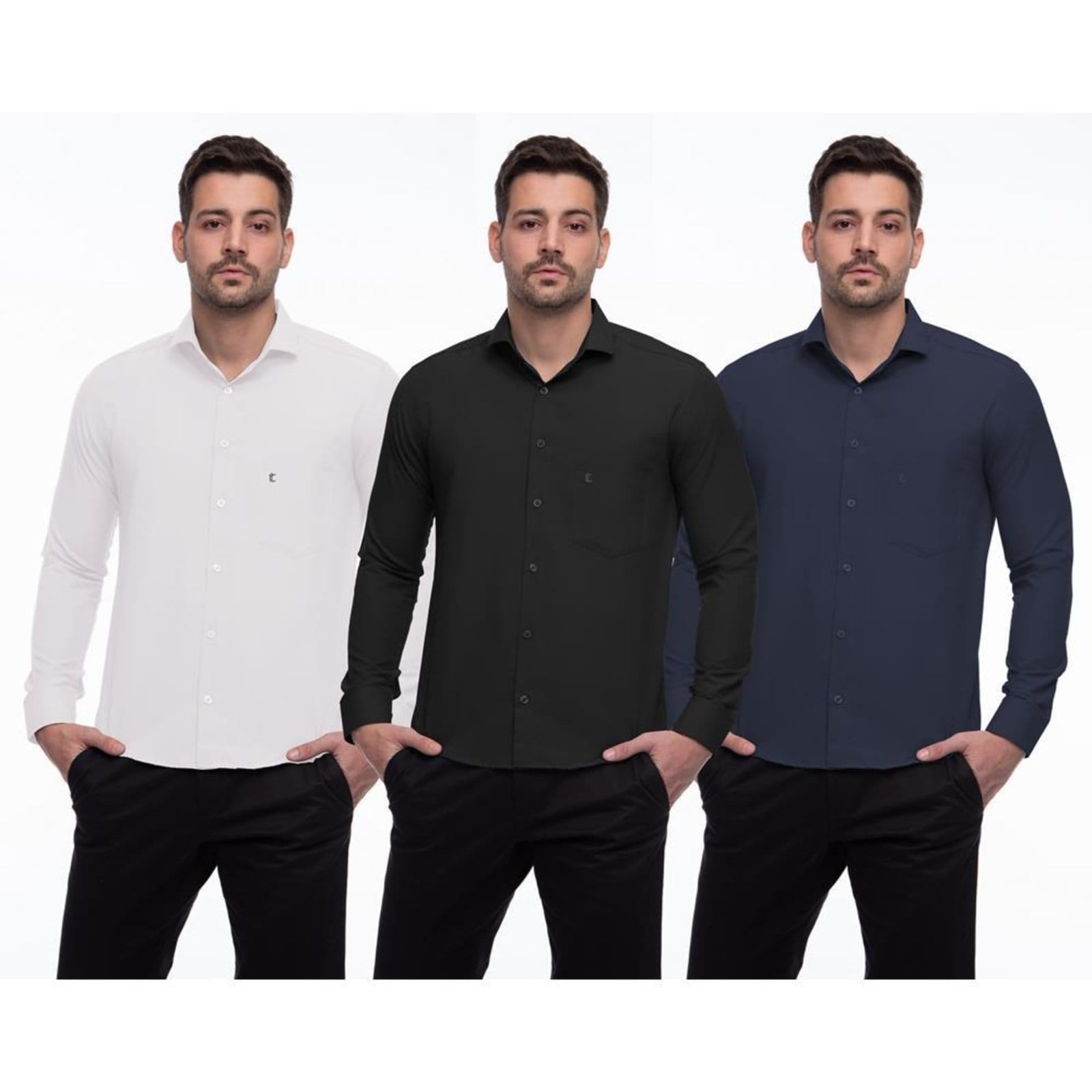 Camisa Social Masculina Manga Longa Lisa Botões Kit 3