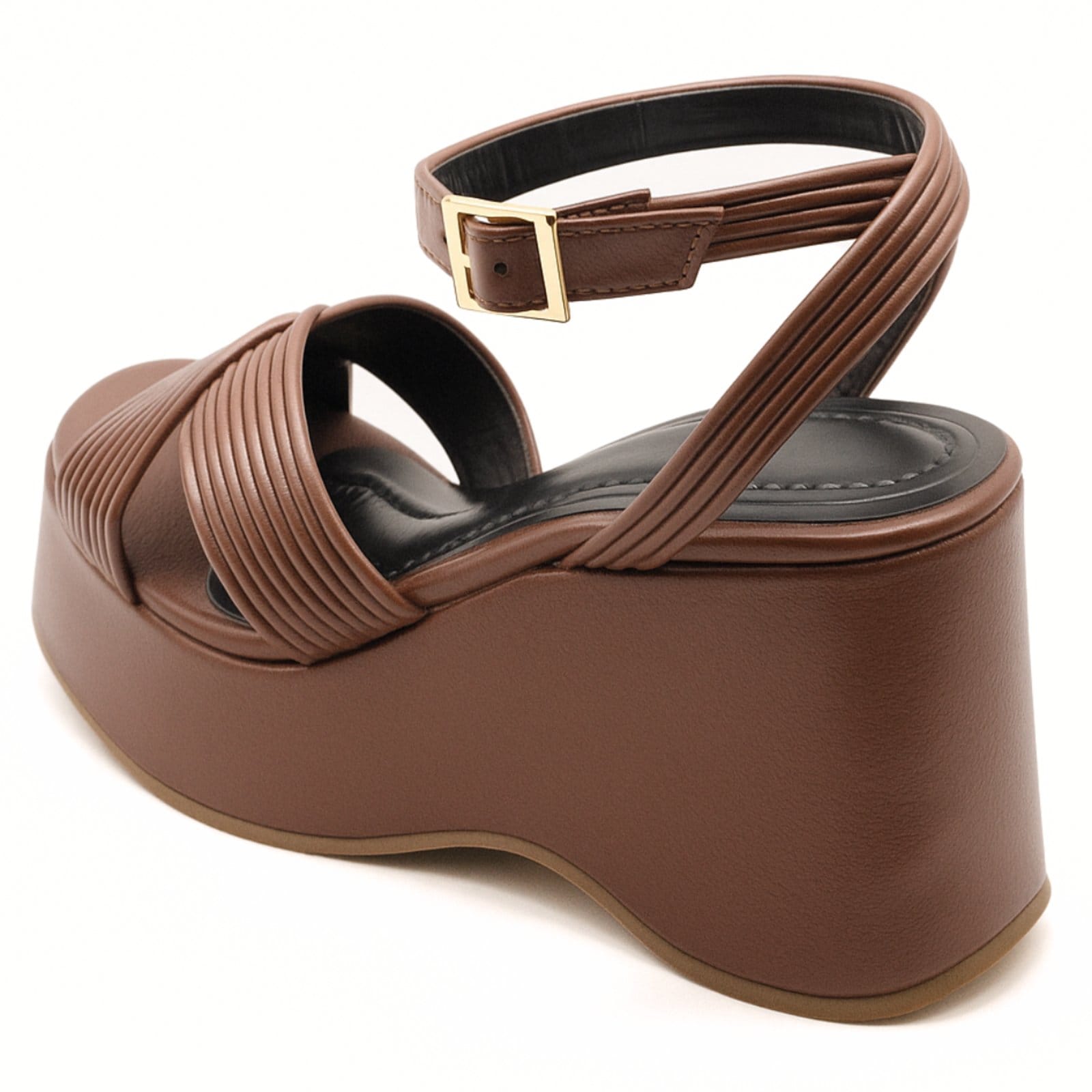 Vista 2 Sandália Feminina Plataforma Anabela Média Tiras Cruzadas Cacau 9000 Sete Sales marrom