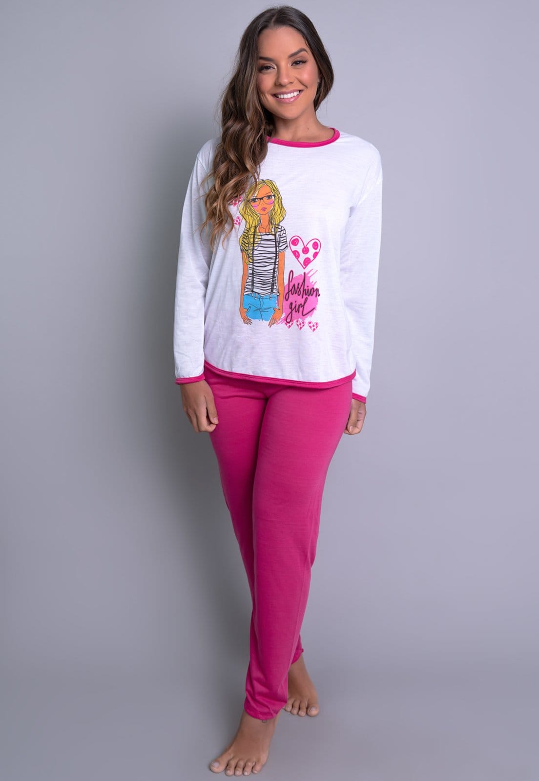 Pijama MVB Modas Longo Adulto Manga Comprida Inverno Pink