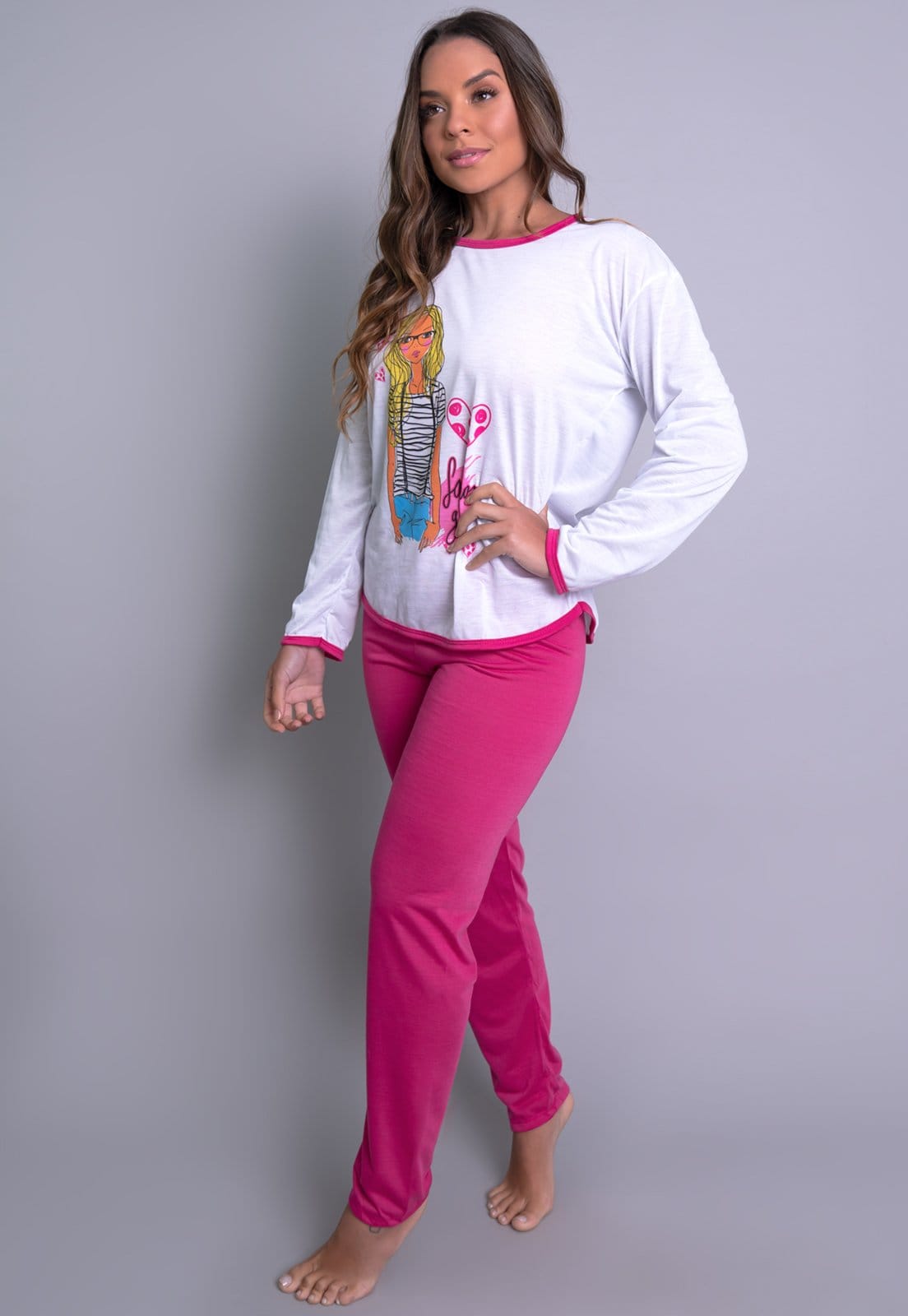 Vista 2 Pijama MVB Modas Longo Adulto Manga Comprida Inverno Pink Mvb Modas rosa pink