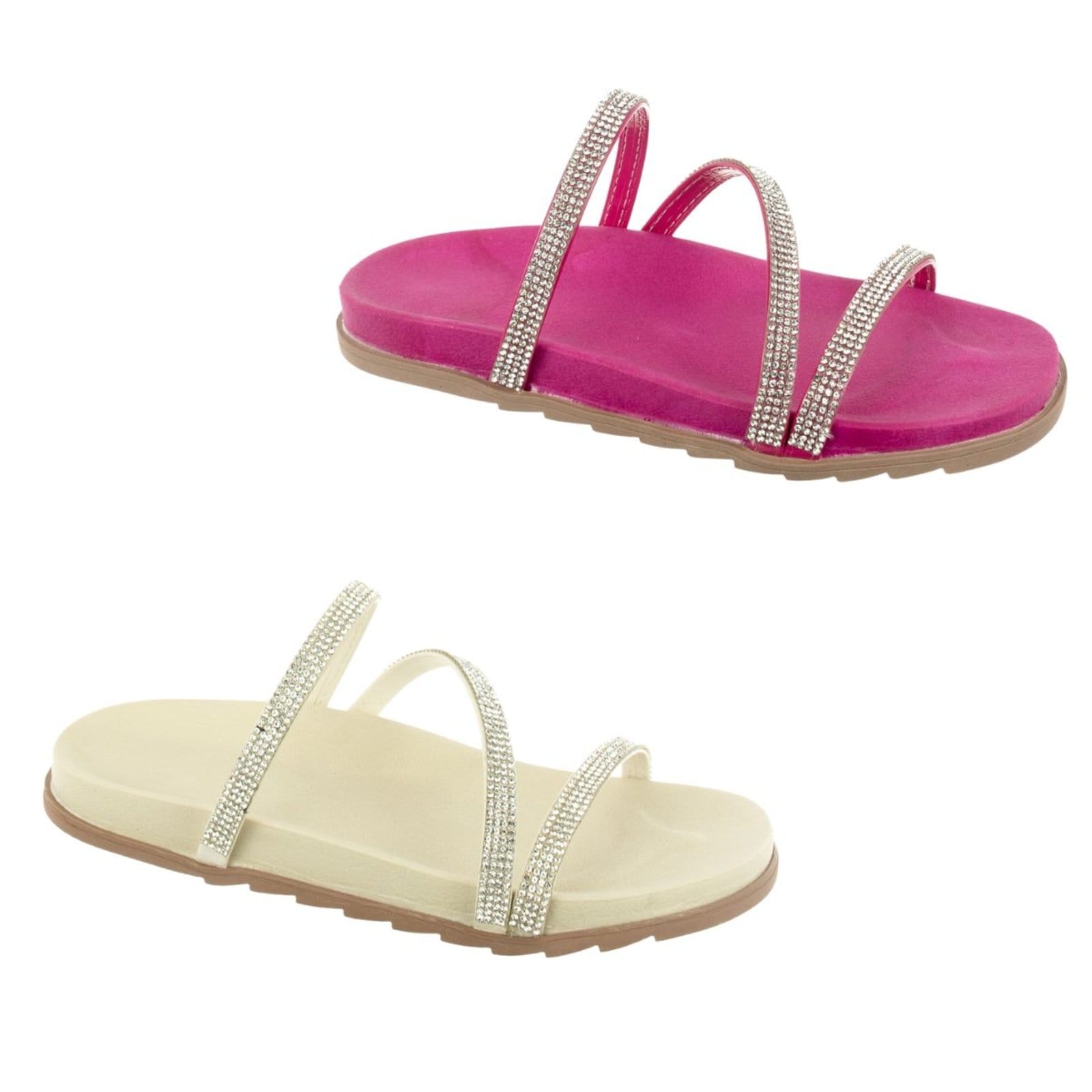 KIT 2 Sandália Birk feminina Rasteira Flat Strass Brilho Anatômico Via Angel 6302. e Off