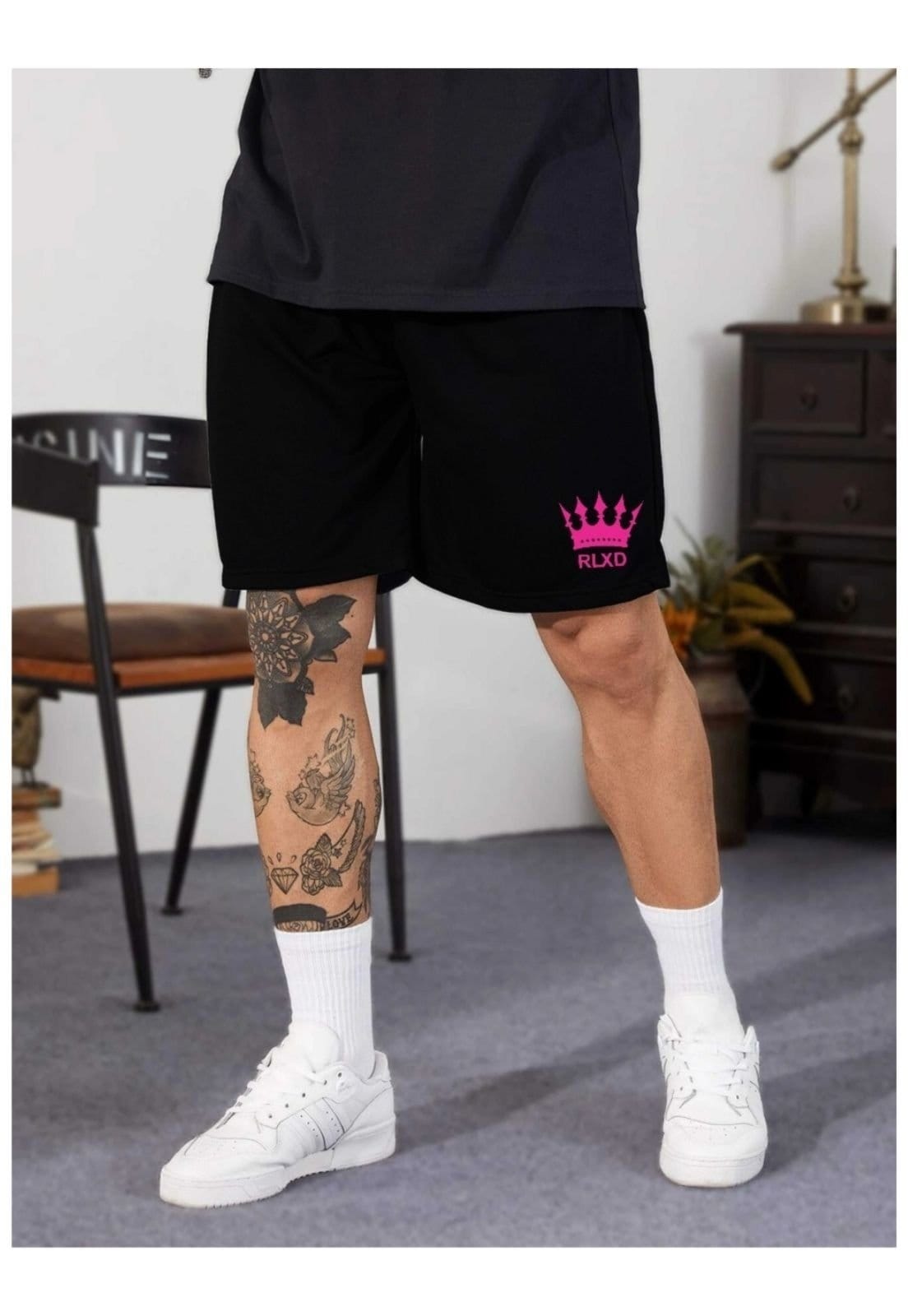 Vista 2 Bermuda Short Moda Praia Relaxado Estampado Cordão Neon Relaxado preto/rosa neon