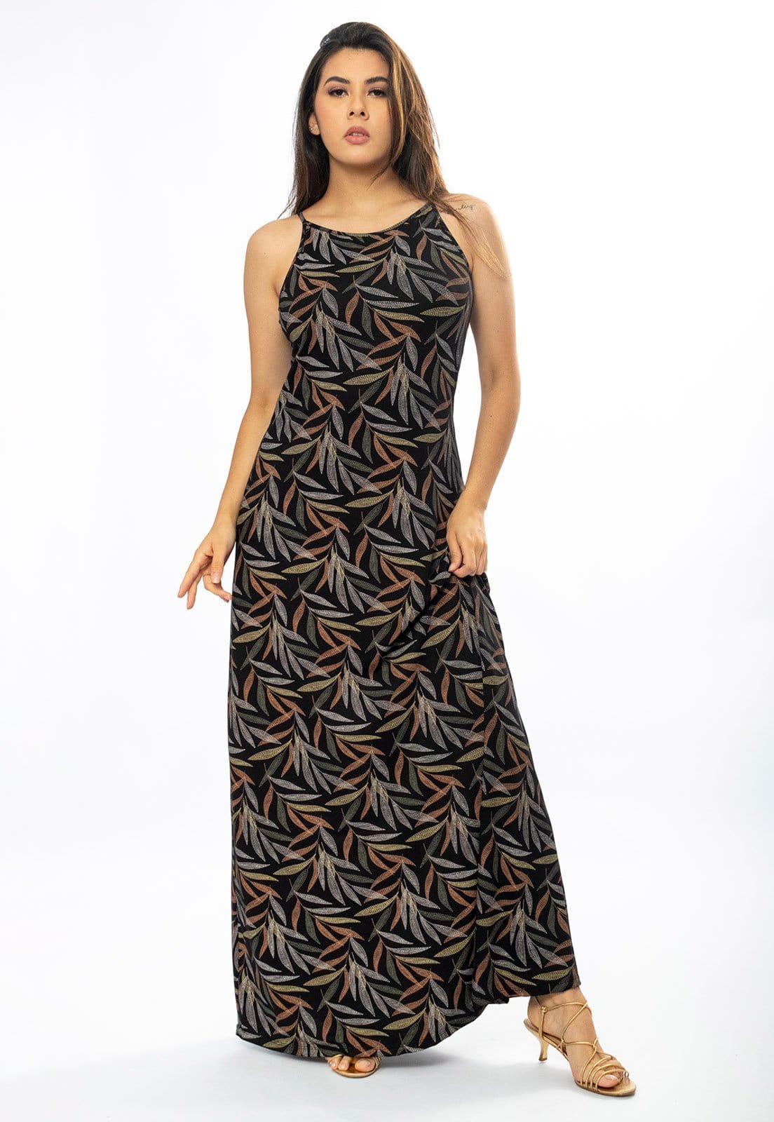 Vestido Longo Cabanafree Malha Trapézio Folhagem