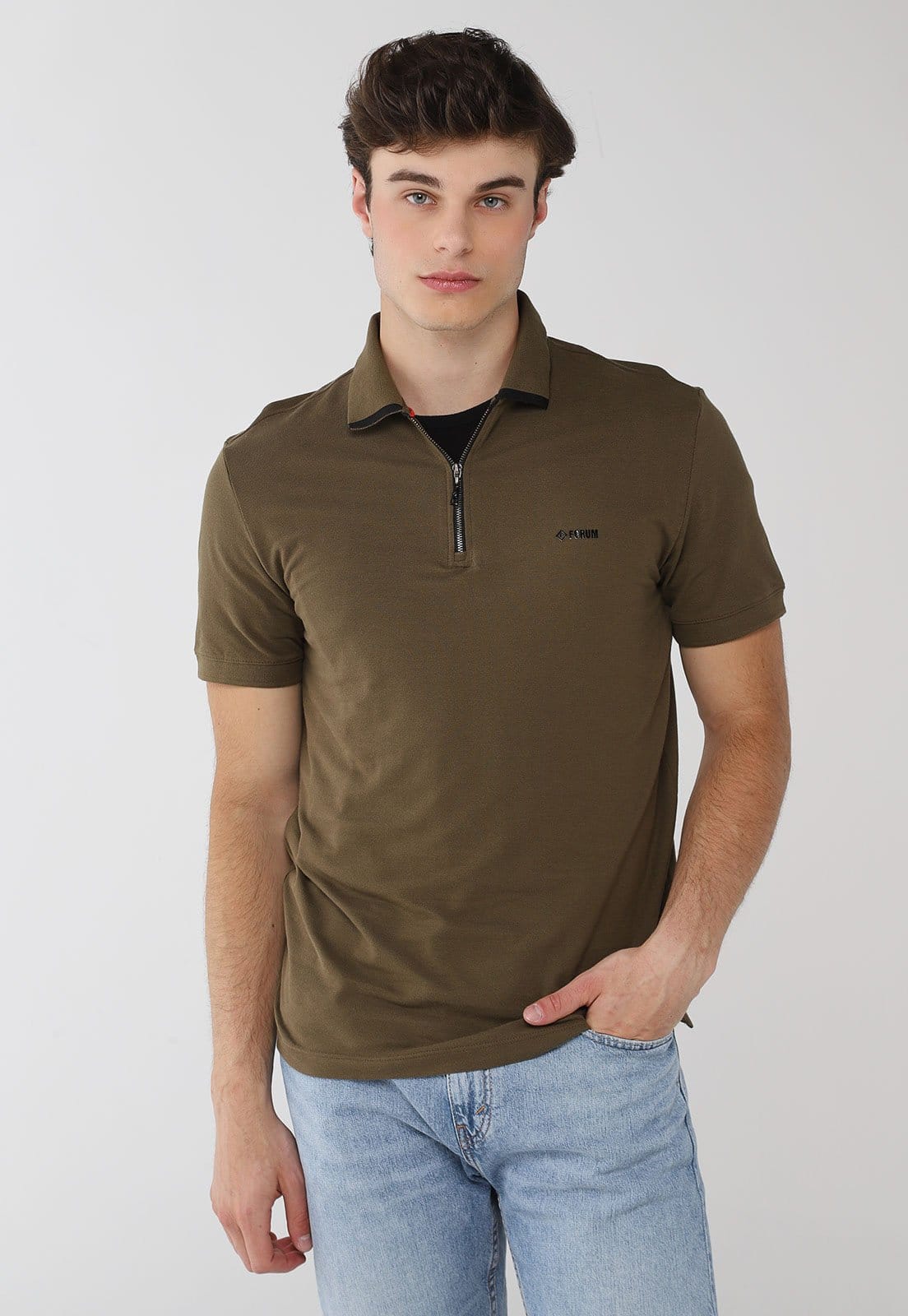 Vista principal Polo Masculina Forum Fechamento Zíper Oliva Forum verde