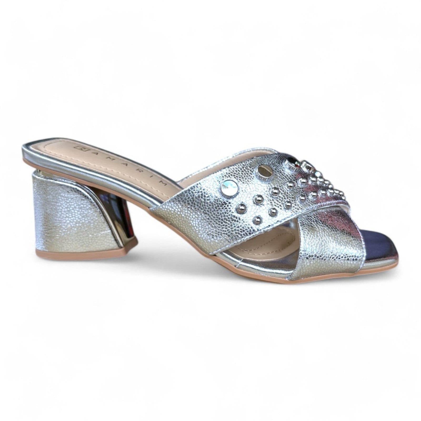 Vista 2 Tamanco Feminino Tachas Salto Bloco Ramarim 2428207-1 RAMARIM prata