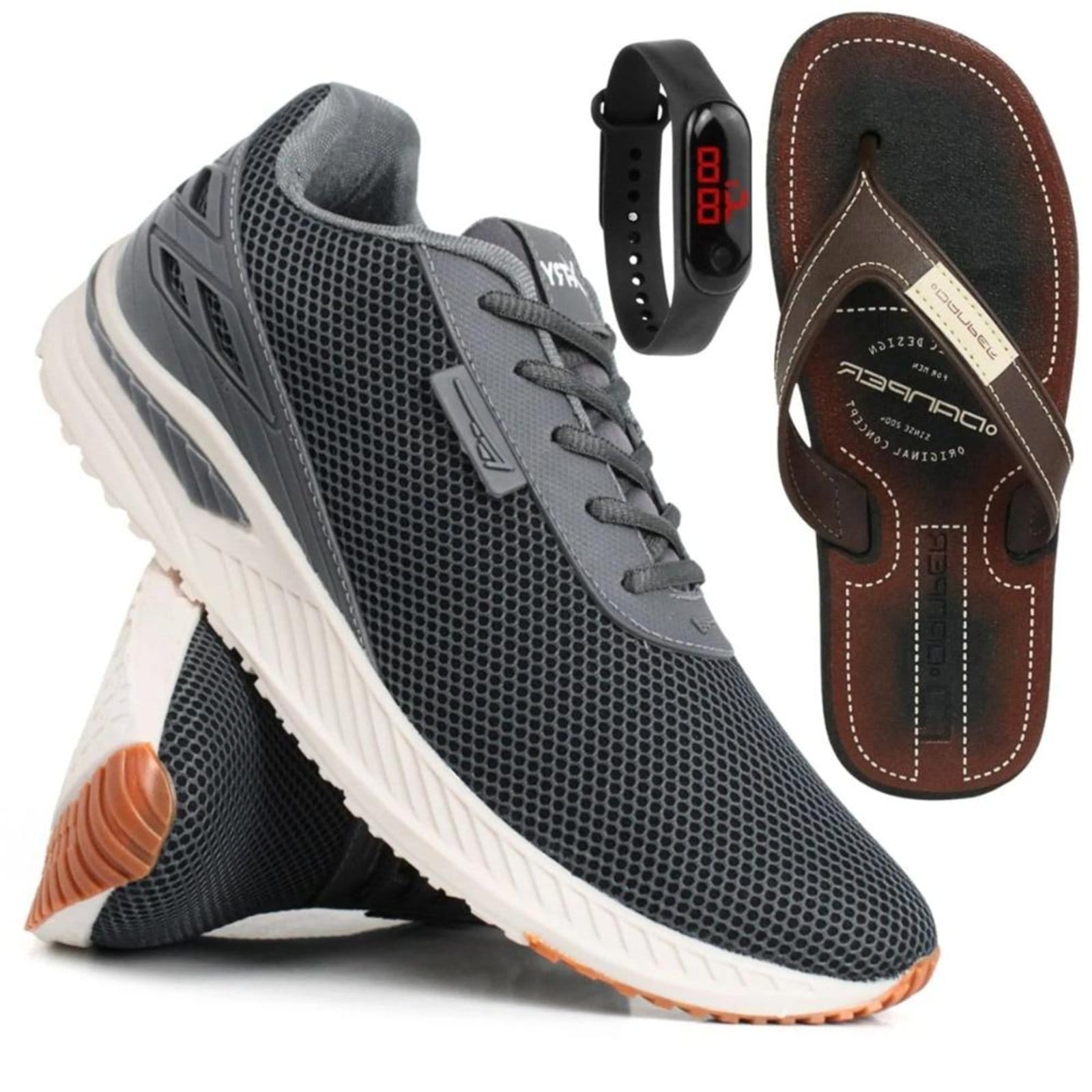 Kit Tênis Masculino Esportivo Running + Chinelo Dedo + Relógio Digital
