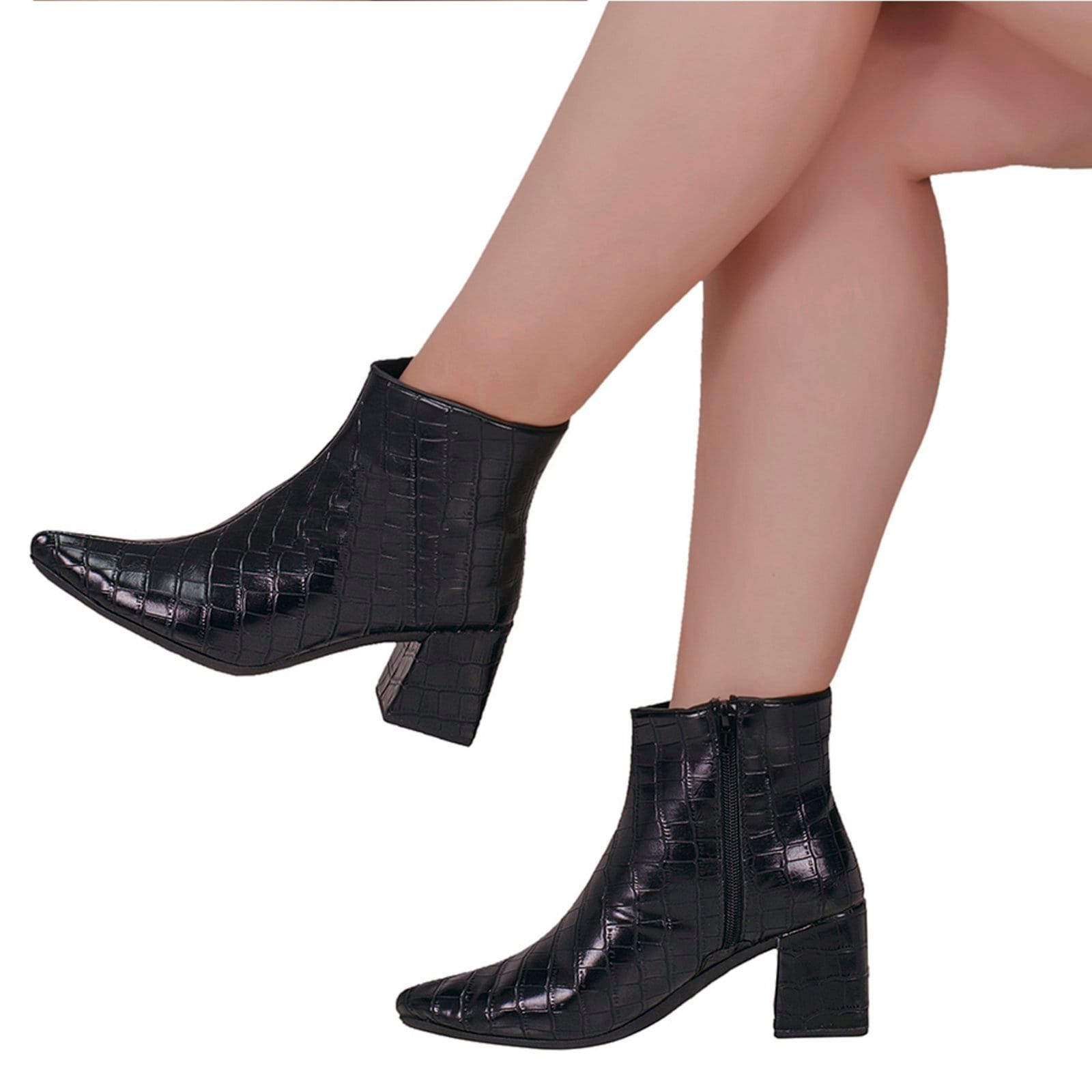 Bota Feminina Salto Baixo Bico Fino Shekinah Croco