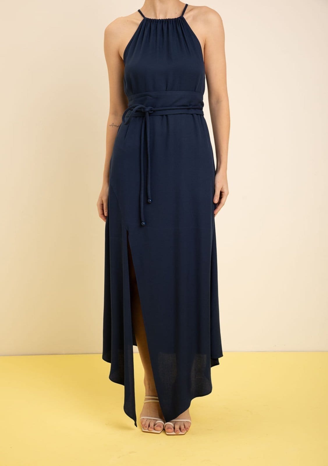 Vista 2 Vestido Zinco Solto Cava Francesa Sem Manga Midi Zinco azul