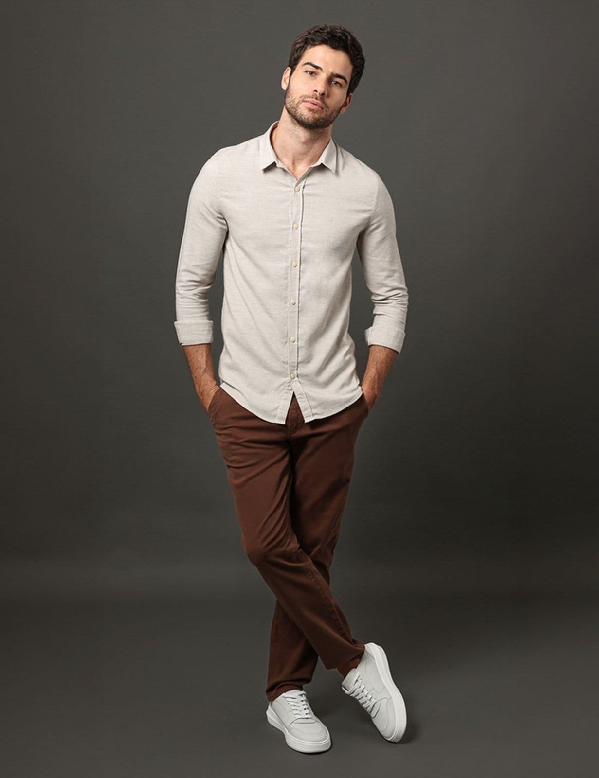 Vista 2 Camisa Masculina Slim Tela Calvin Klein Jeans - Off White Calvin Klein Jeans off-white white