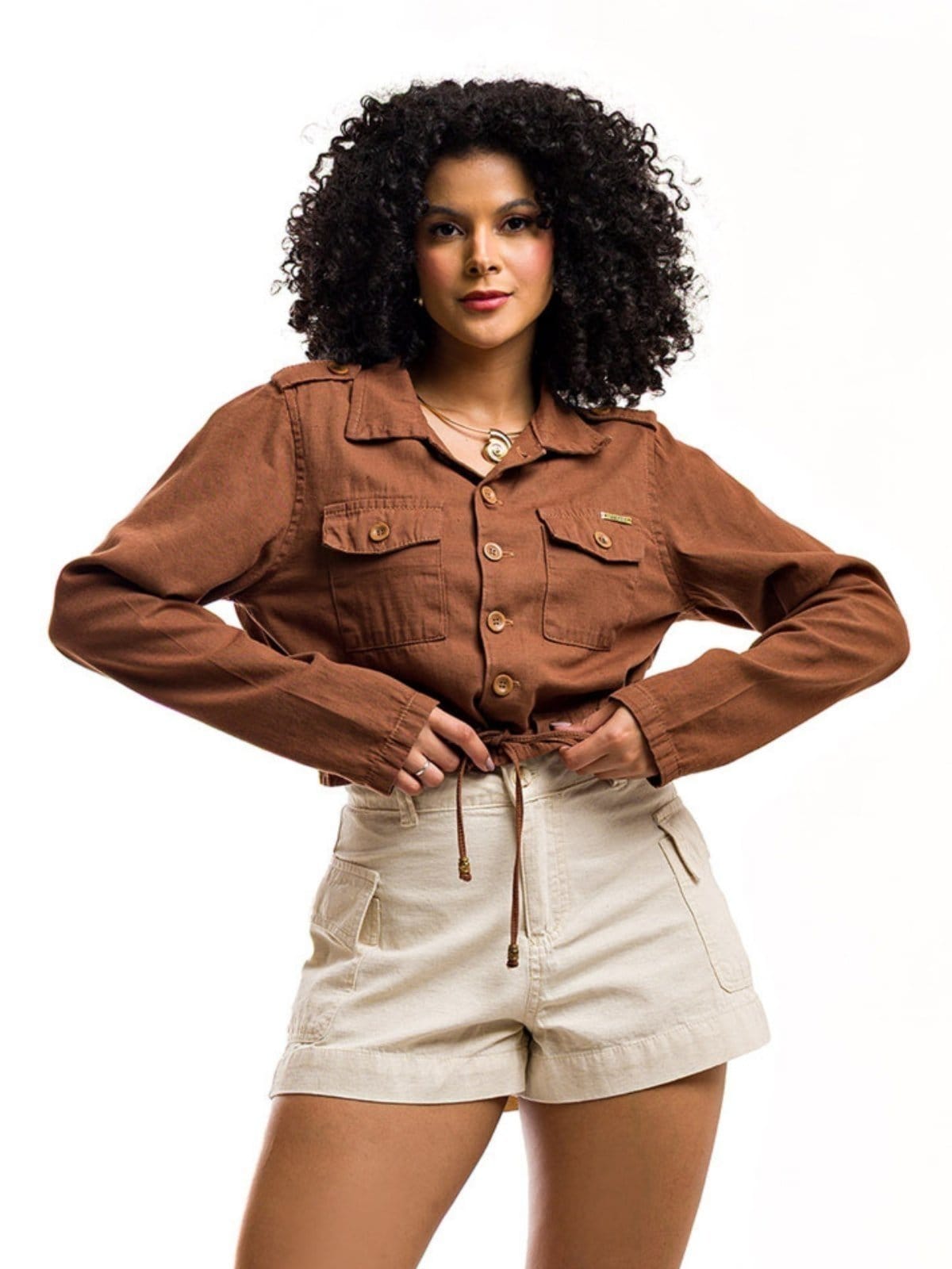 Vista 2 Jaqueta Restrito Jeans de Linho Premium Ajustável Restrito Jeans marrom