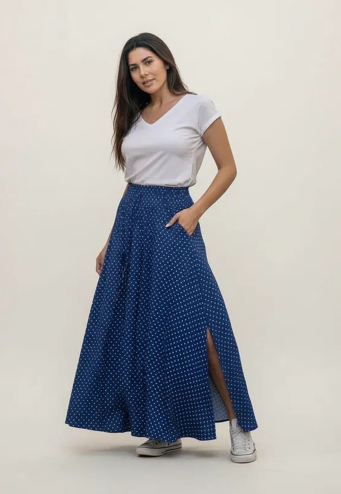 Saia Cabanafree Longa Viscose Azul Poá