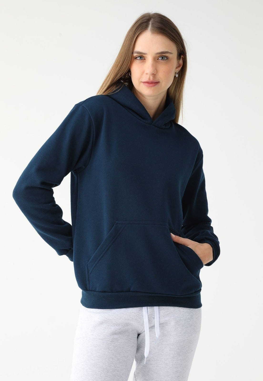 Blusa de Frio Moletom Feminino Flanelado Benellys Liso Canguru Marinho