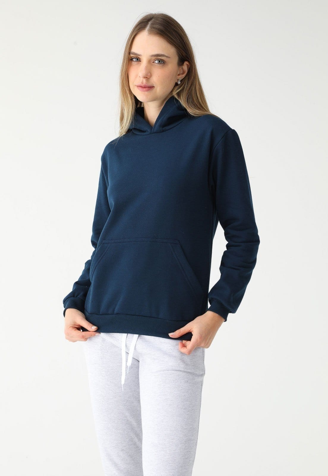 Vista 2 Blusa de Frio Moletom Feminino Flanelado Benellys Liso Canguru Marinho Benellys azul marinho