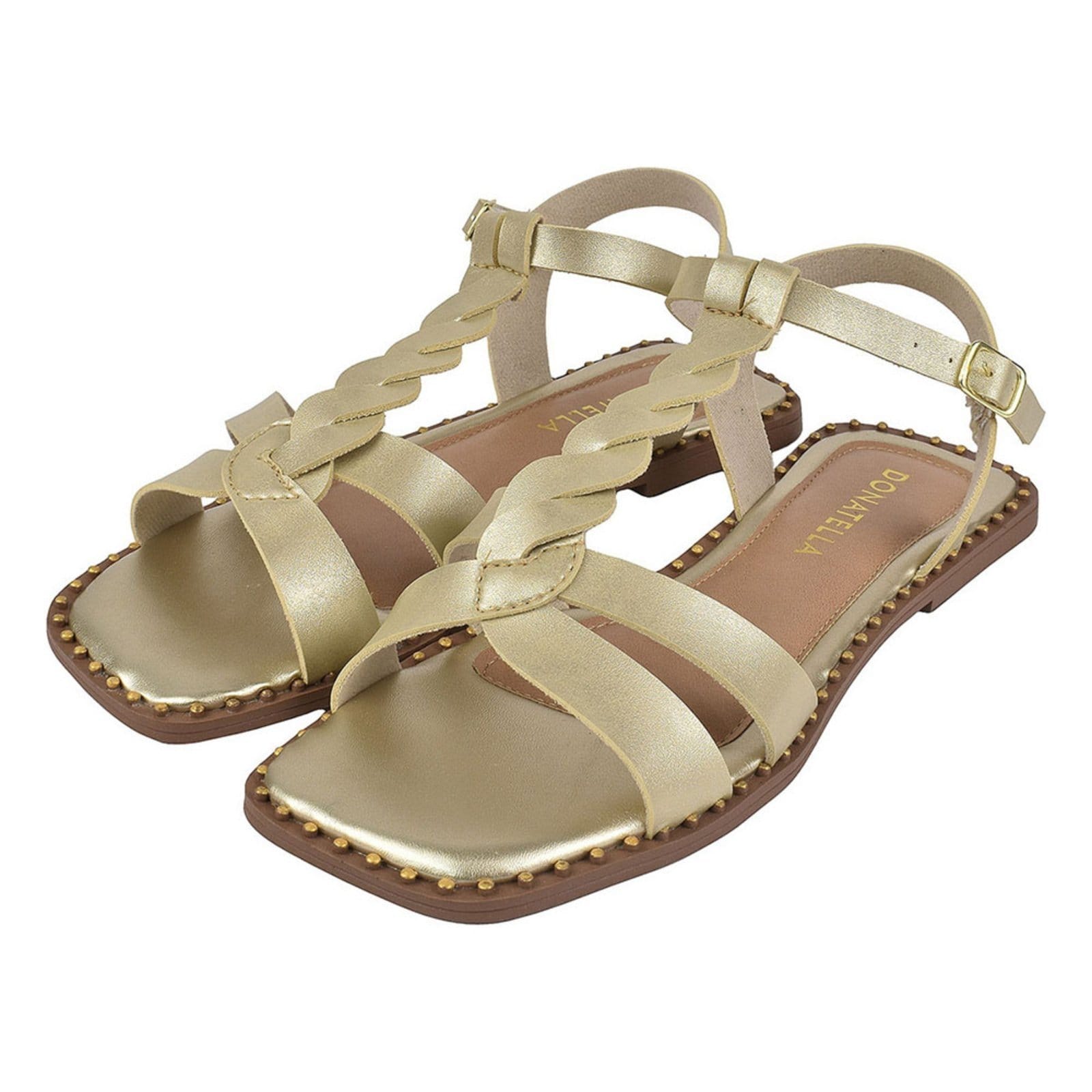 Sandália Rasteira Feminina Bico Quadrado Donatella Shoes Rasteirinha Rebite Trança Napa Ouro Light