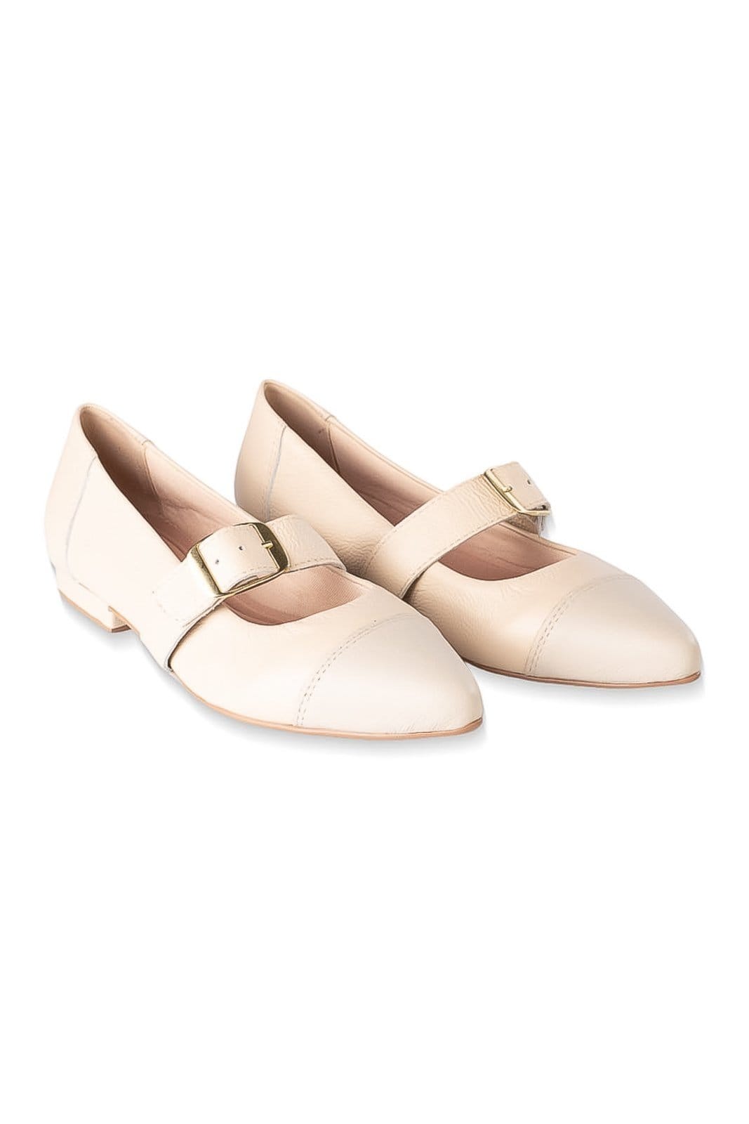 Sapatilha bico fino em couro com biqueira e fivela Flora - Marfim