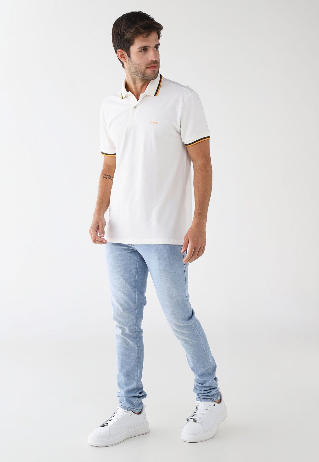 Vista 2 Polo Masculina Colcci Listras Gola Branca Colcci branco
