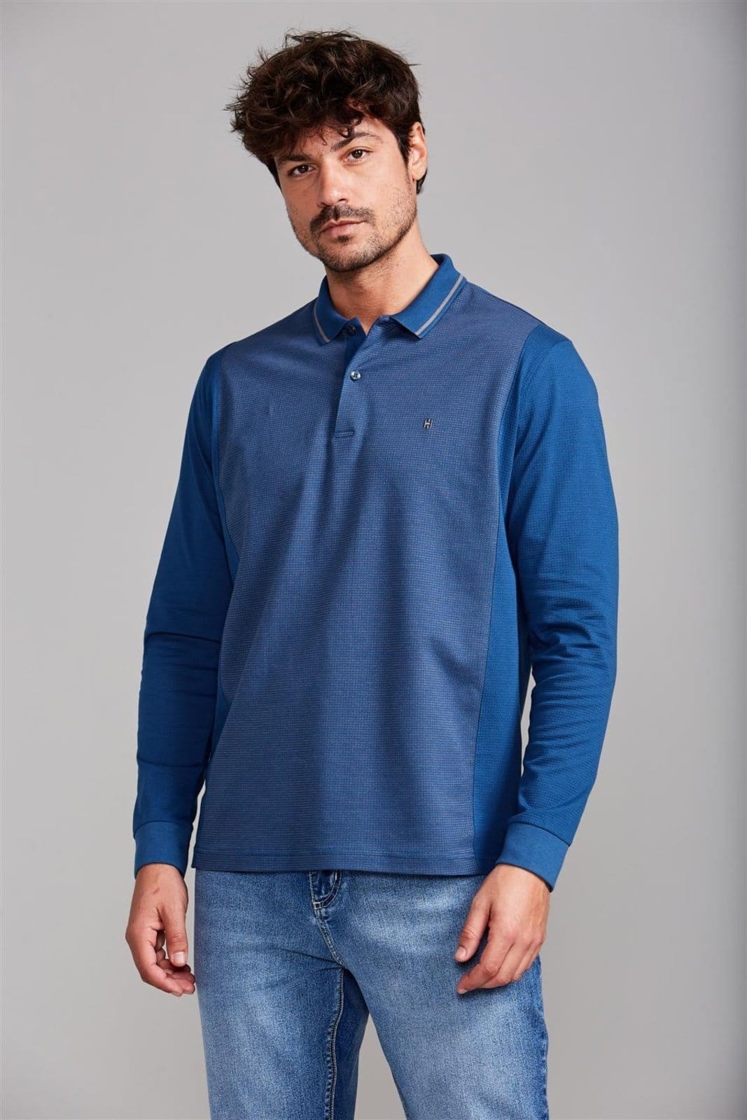 HIGHSTIL Camisa Polo Manga Longa Jacquard Comfort Noturno / Cinza Concreto