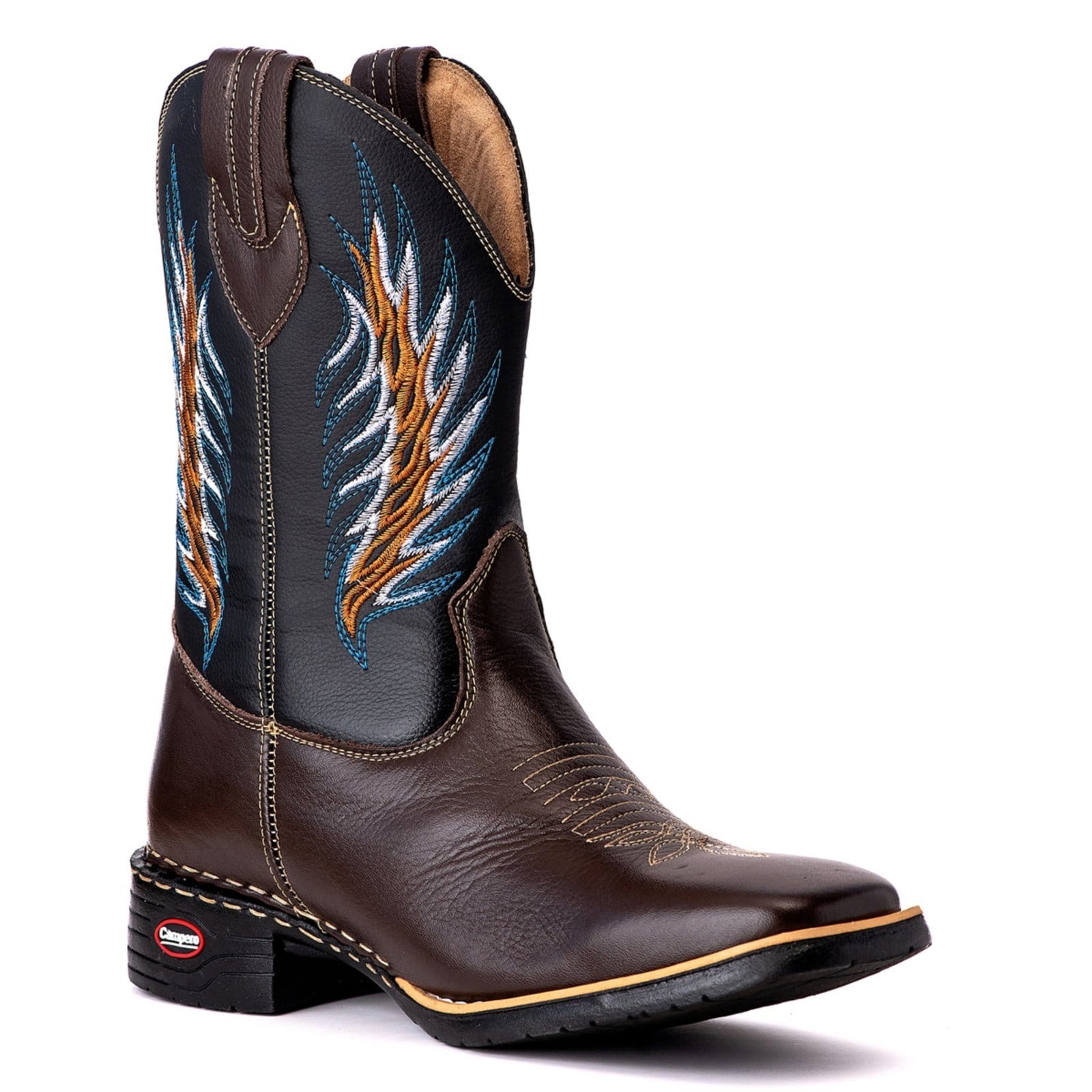 Vista 2 Bota Texana Couro Campero Bico Quadrado Bordada Campero café