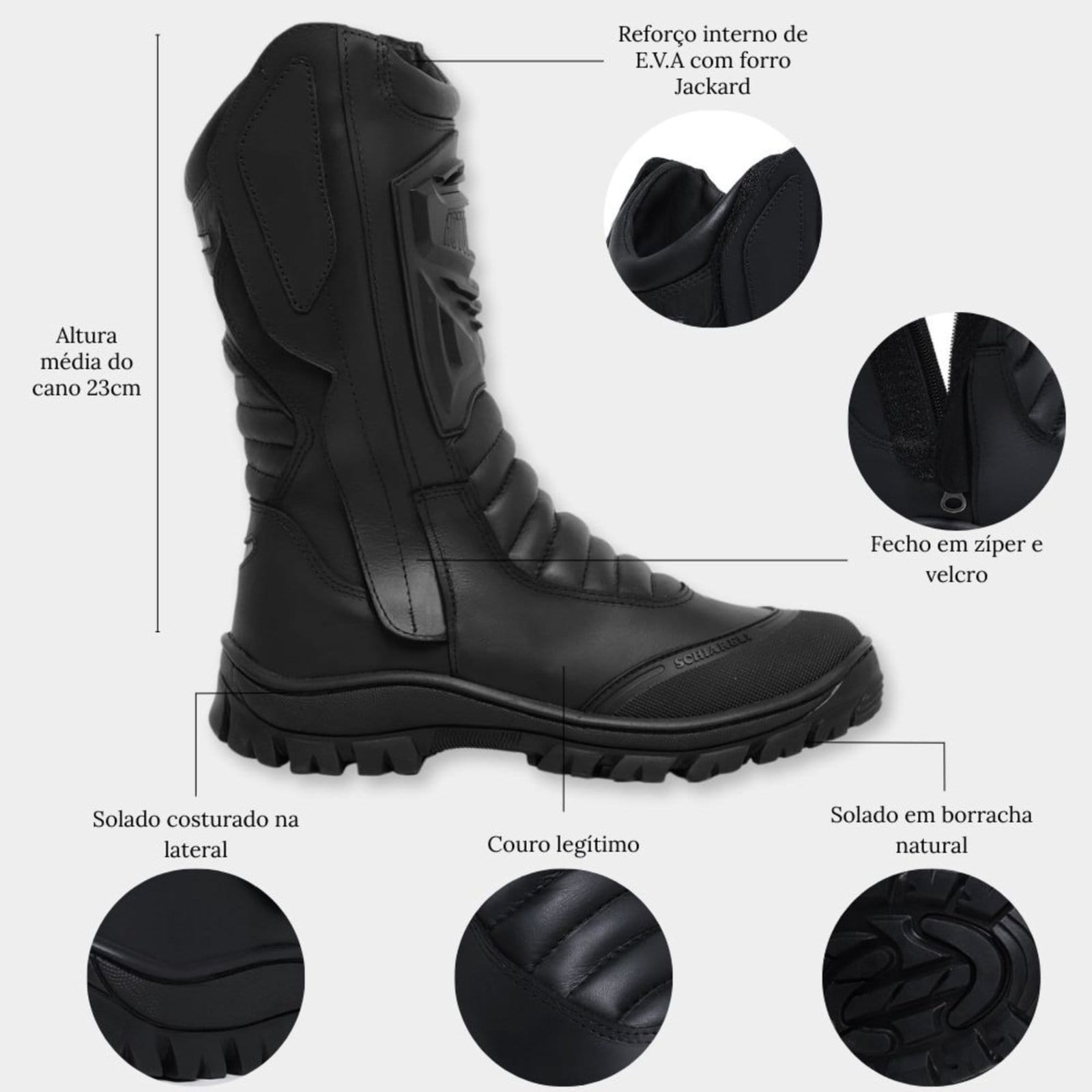 Vista 2 Bota Coturno Preta Masculina Couro Legítimo Militar Tático Exército Confortável Cano Alto 1020 Schiareli preto