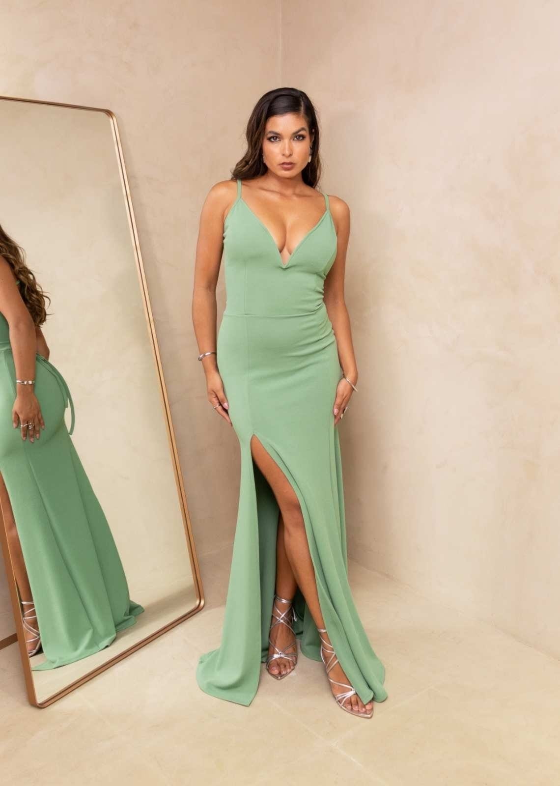 Vestido Longo de Festa Alcinha Decotado Tubinho Sereia com Fenda Piné Oliva