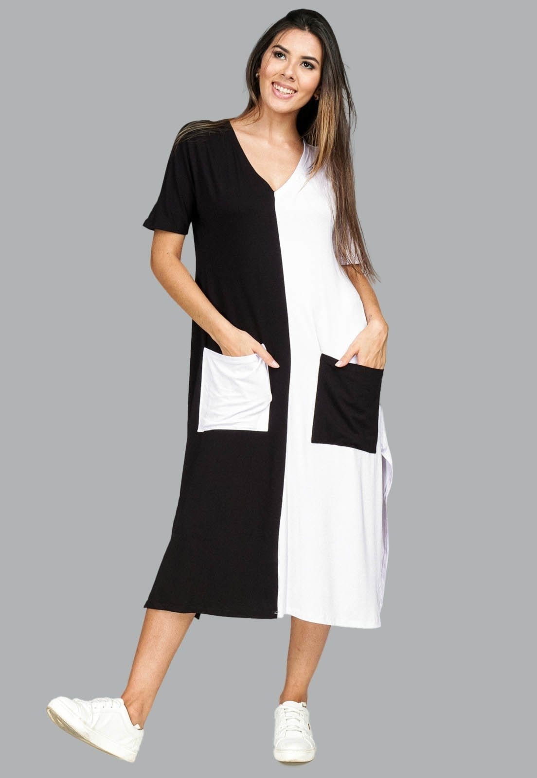 Vestido Midi Reto Malha com Bolso na Frente Amazonia Vital Branco e