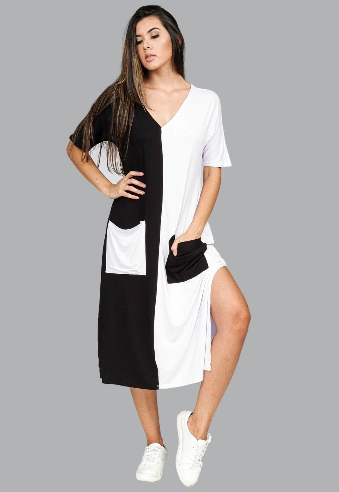 Vista 2 Vestido Midi Reto Malha com Bolso na Frente Amazonia Vital Branco e Amazonia Vital preto