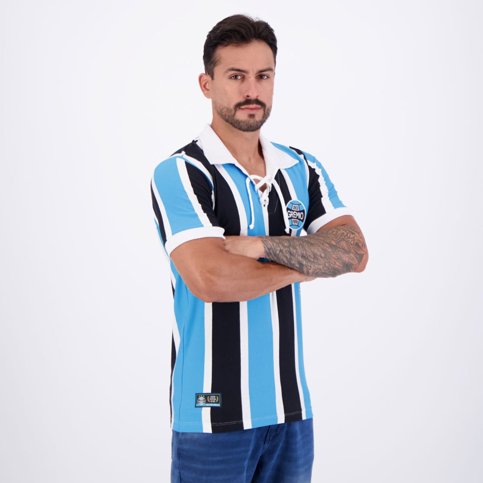 Vista 2 Camisa Grêmio Retrô Cordinha Listrada Retrômania azul