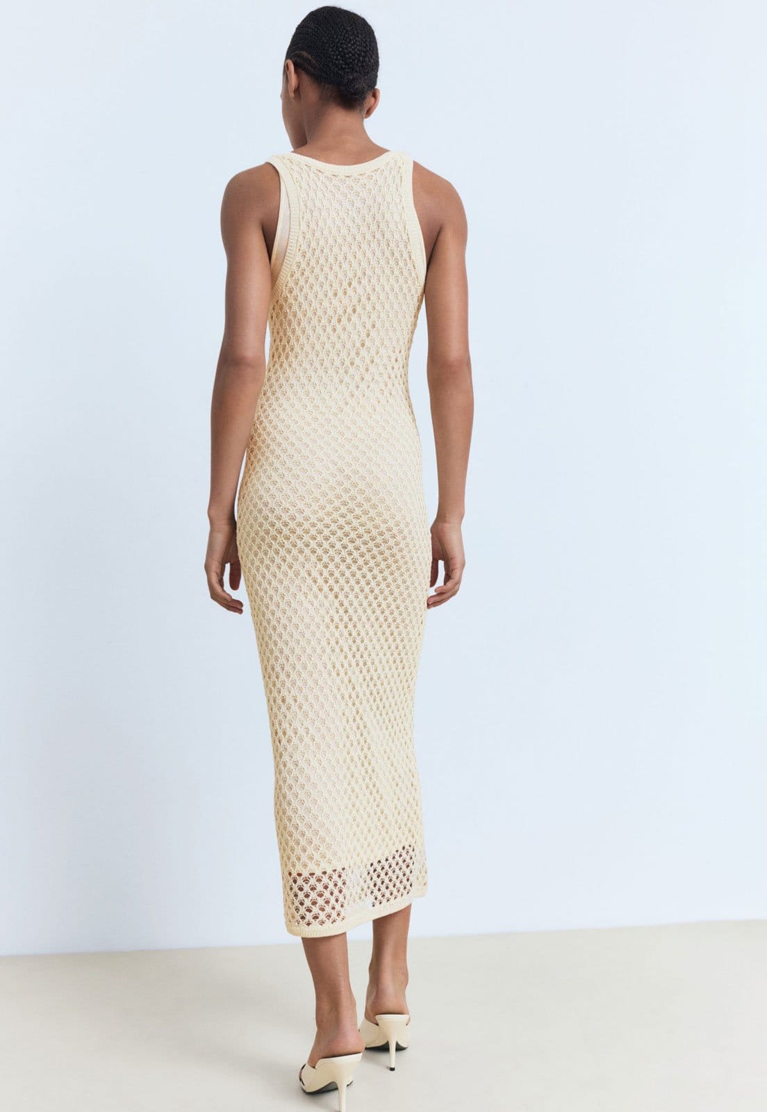 Vista 2 Vestido Feminino Mango Juancho Midi Tricô Vazado Mango bege