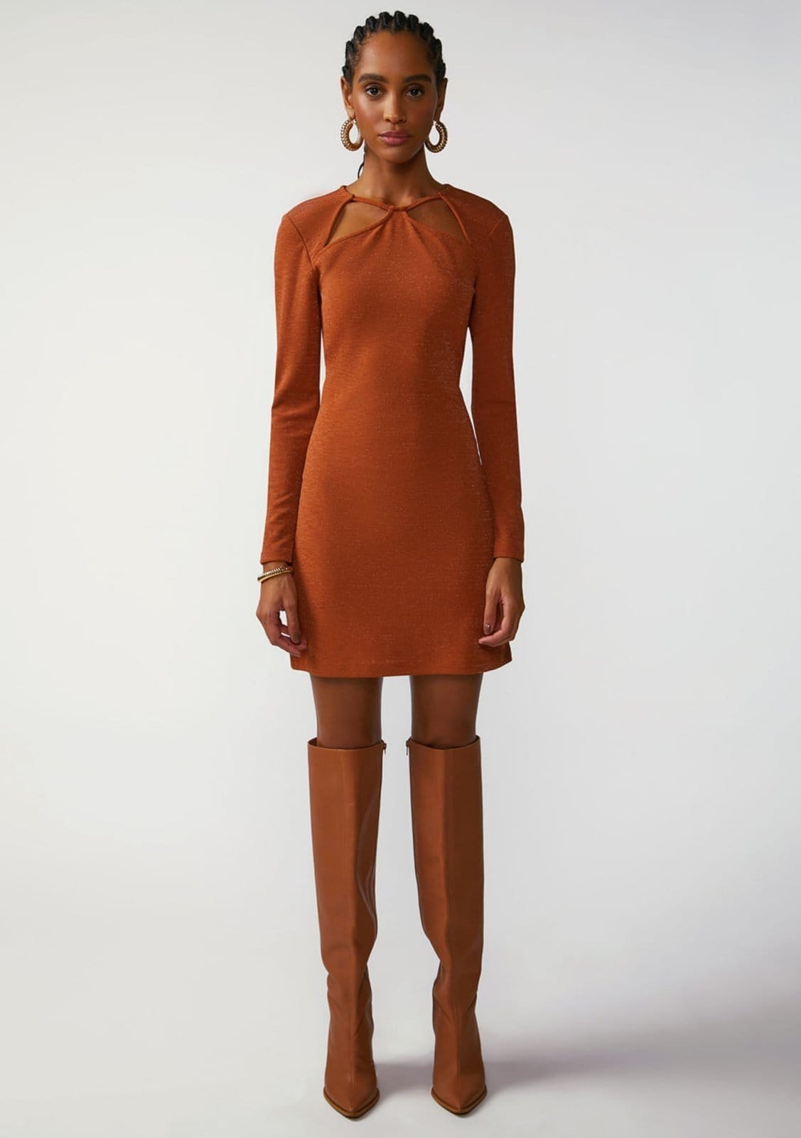 Vista 2 Vestido Zinco Ajustado Decote Careca Manga Longa Midi Zinco marrom