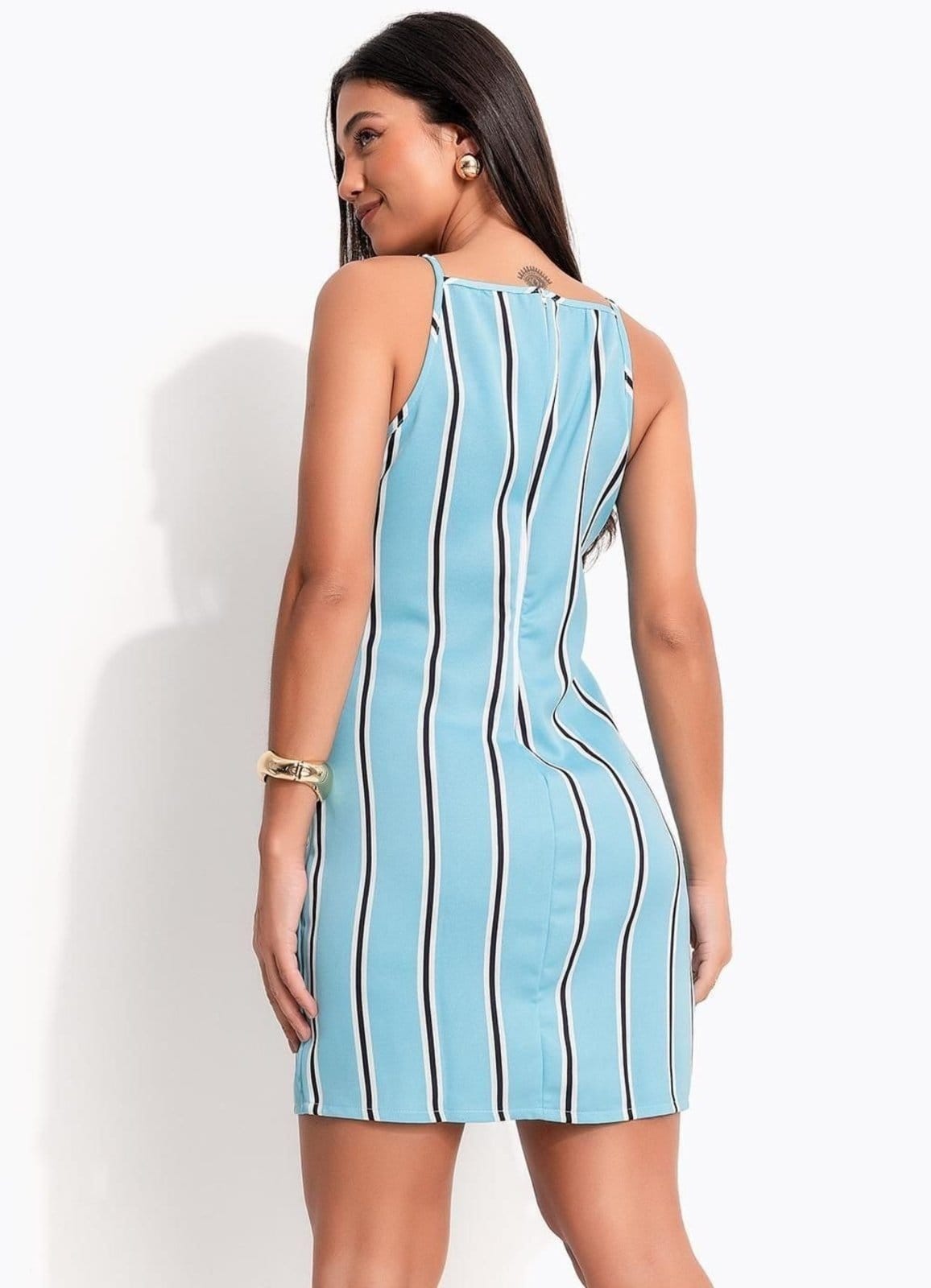Vista 2 Vestido Em Crepe Plano Quintess Listrado Quintess azul