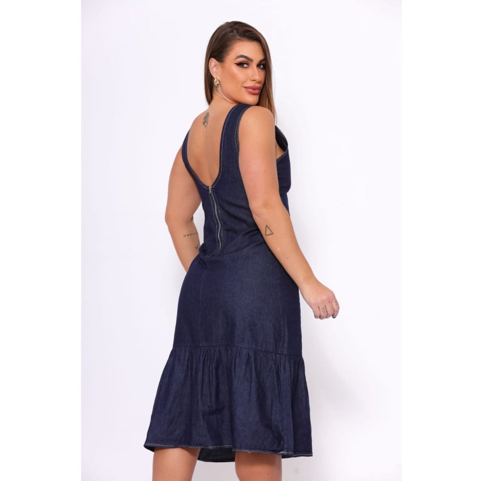 Vista 2 Vestido Feminino Jeans Escuro Midi Moda Evangelica Comportado Alleppo Jeans azul