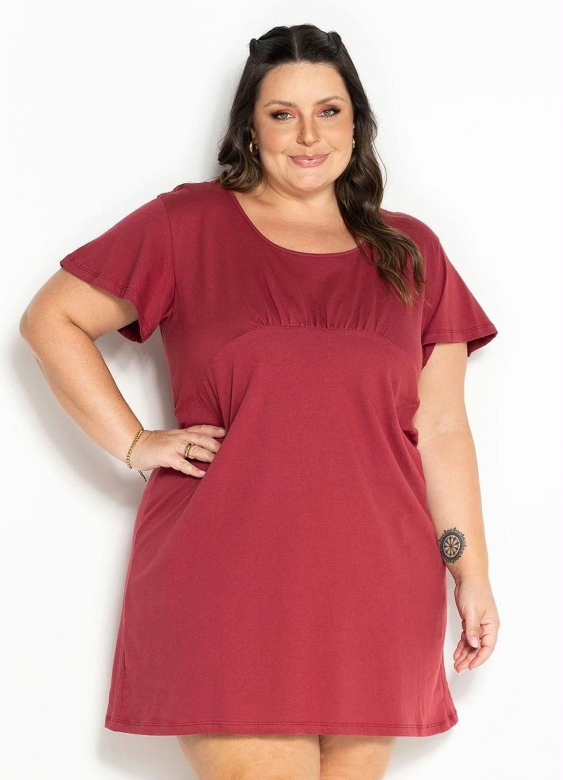 Vestido Com Franzido Plus Size Terracota