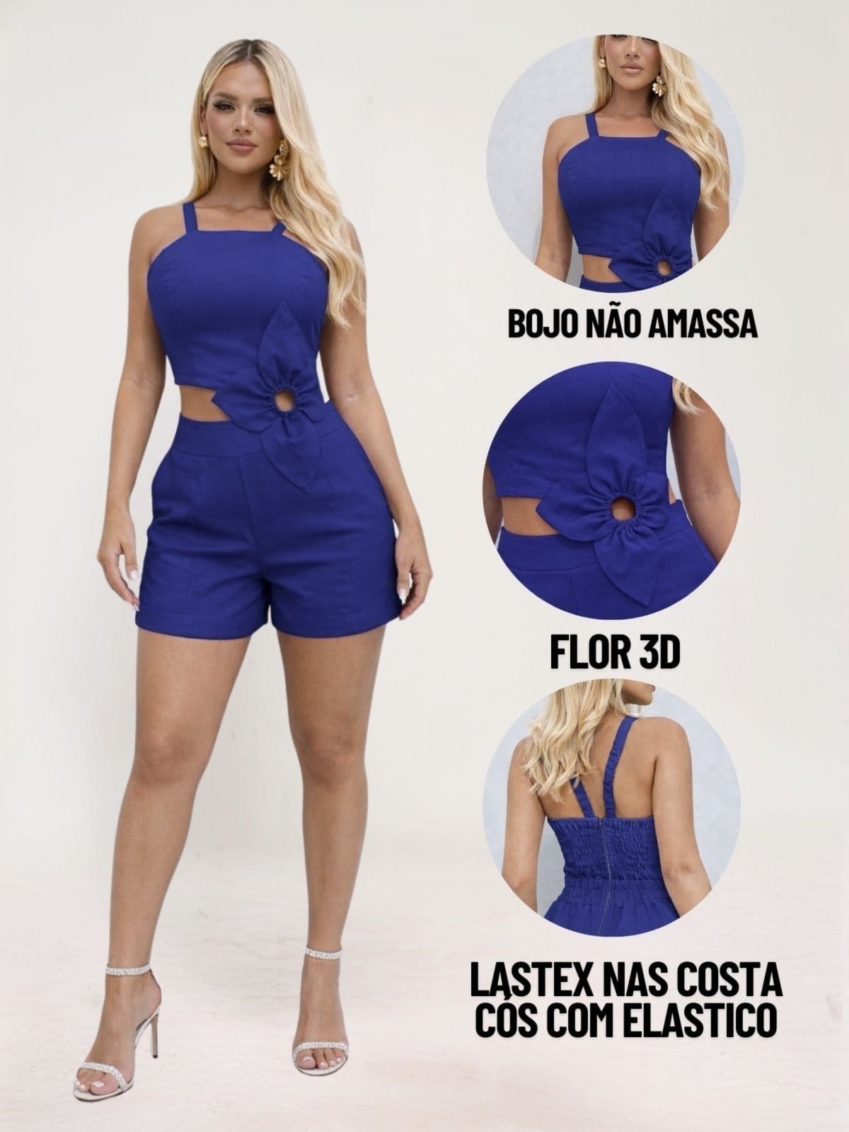 Vista 2 Macacão curto feminino alfaiataria tropical fashion flor 3d na cintura galatic TROPICAL FASHION azul