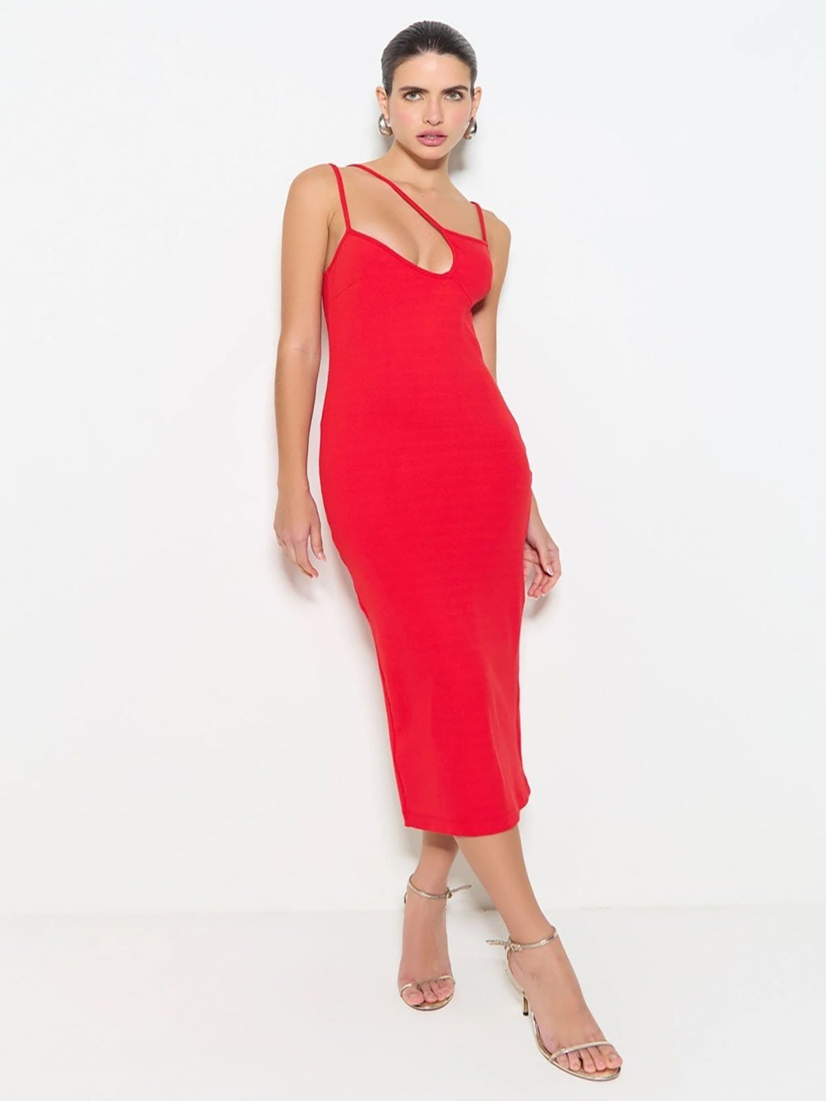 Vestido Midi Zen Com Decote Em Diagonal Em Malha Canelada