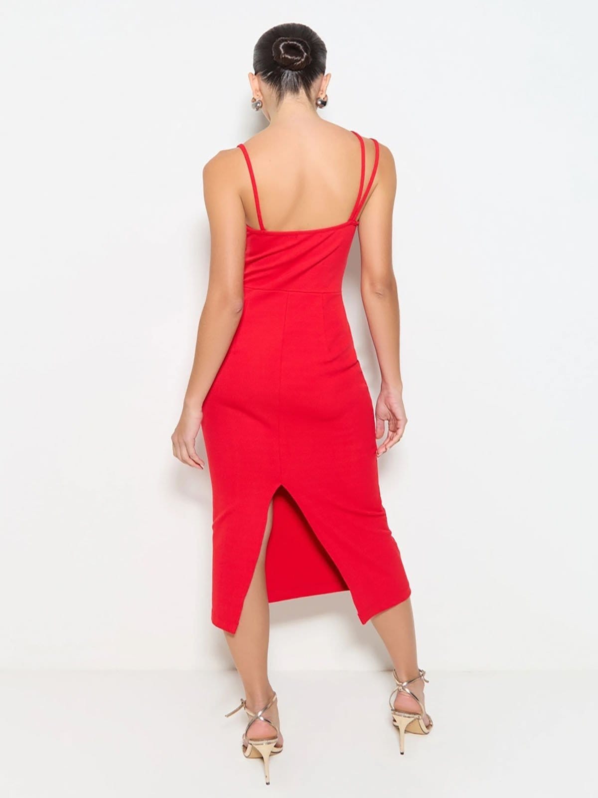 Vista 2 Vestido Midi Zen Com Decote Em Diagonal Em Malha Canelada ZEN vermelho