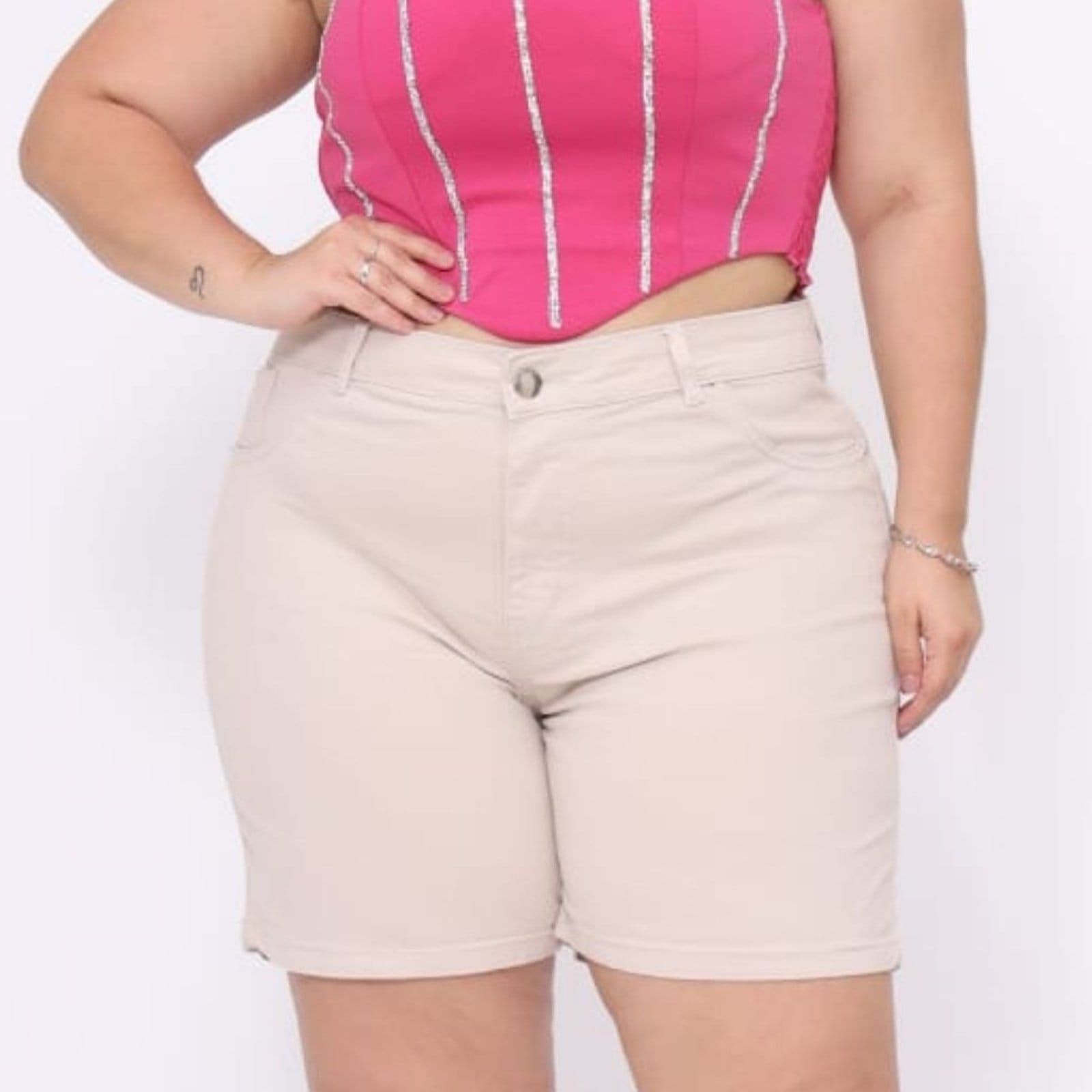Bermuda Feminina Comprida Jeans Loka Plus Size Caqui Sarja
