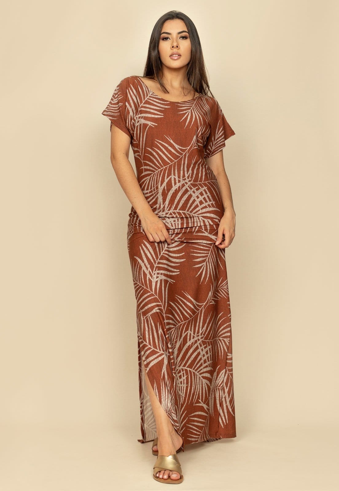 Vista 2 Vestido Longo Malha Fenda na Lateral Estampa Palmas Terra Cabanafree azul/estampado/marrom/multicolorido