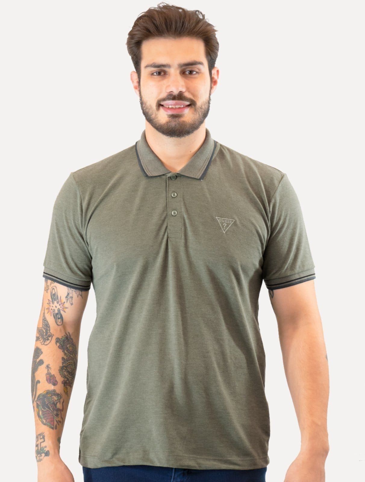 Polo Guess Masculina Piquet Frisos Triangulo Bordado Mescla