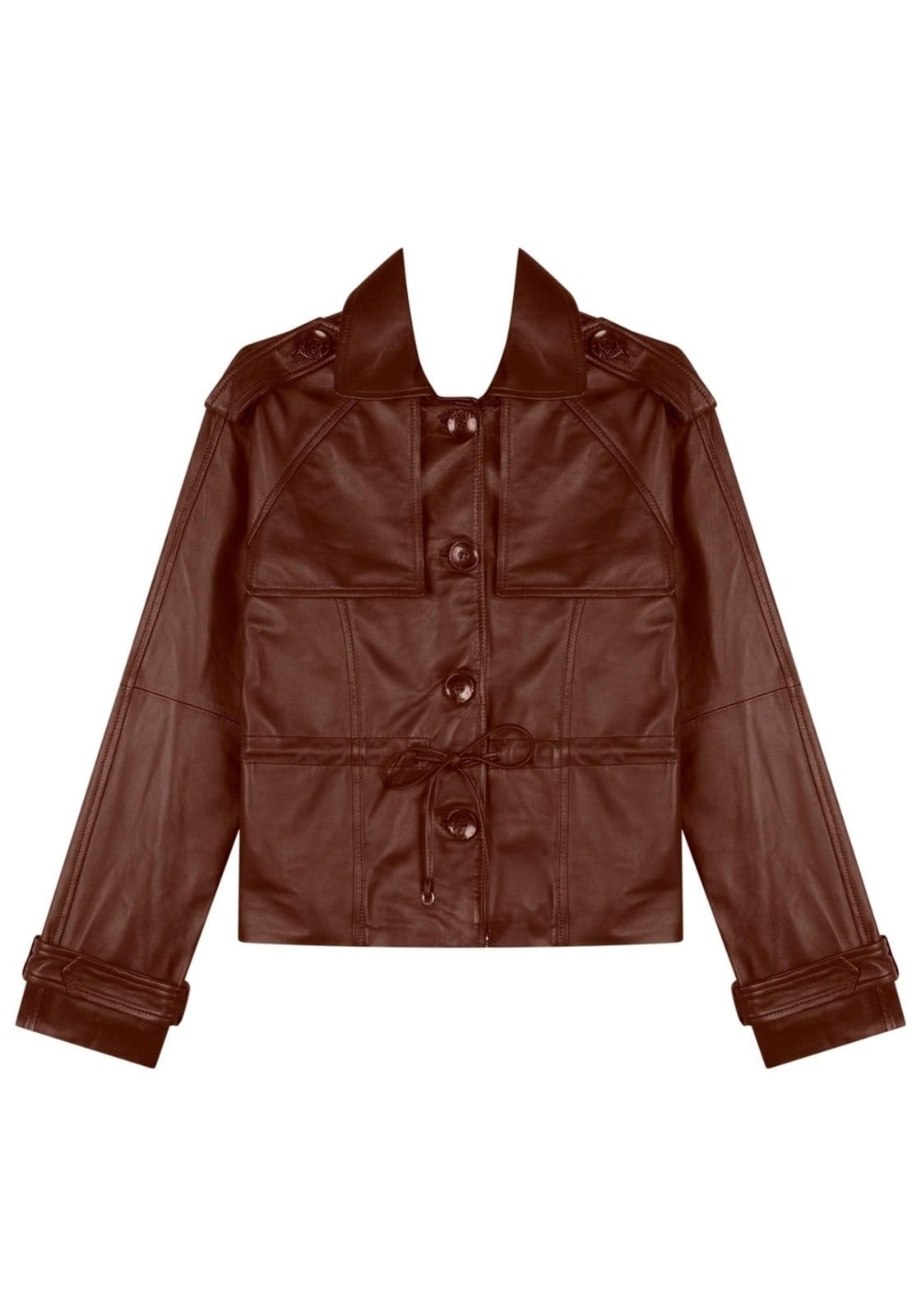 Jaqueta De Couro Com Botões E Amarração Frontal