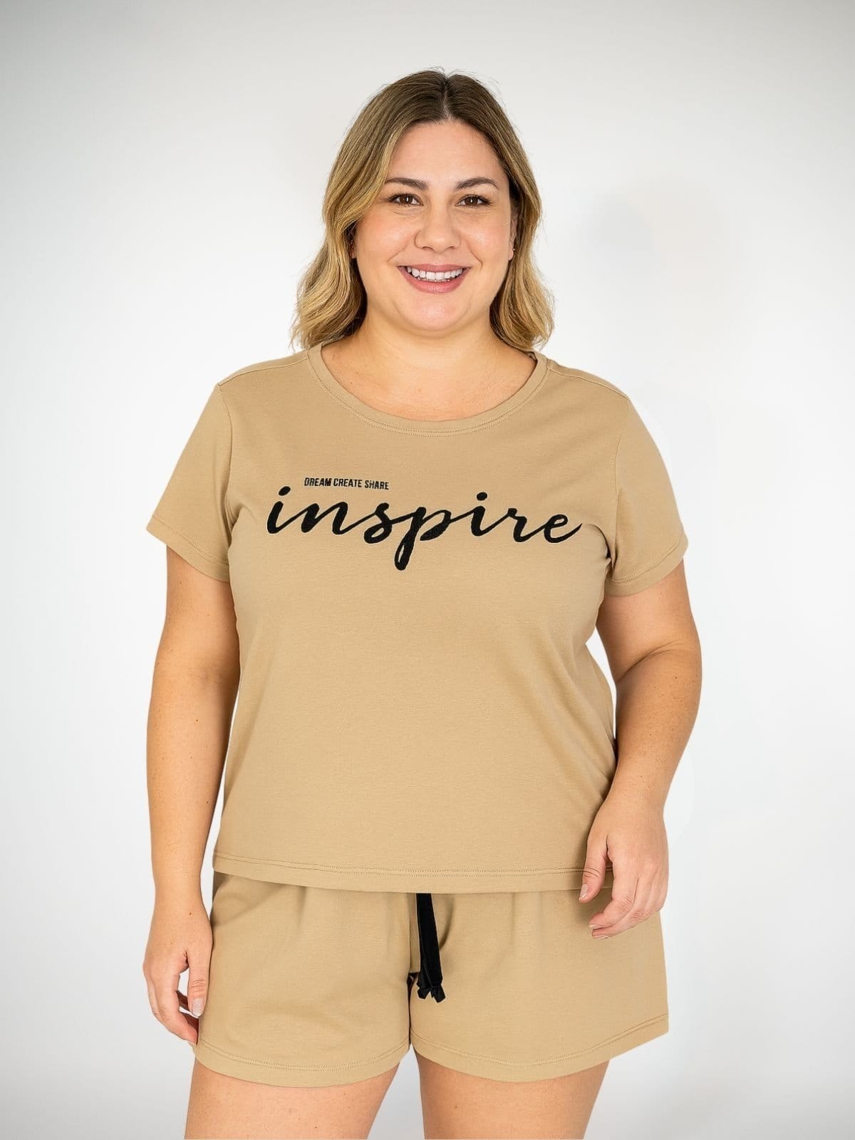 Pijama Algodão Plus Size manga curta Inês - Bege Areia