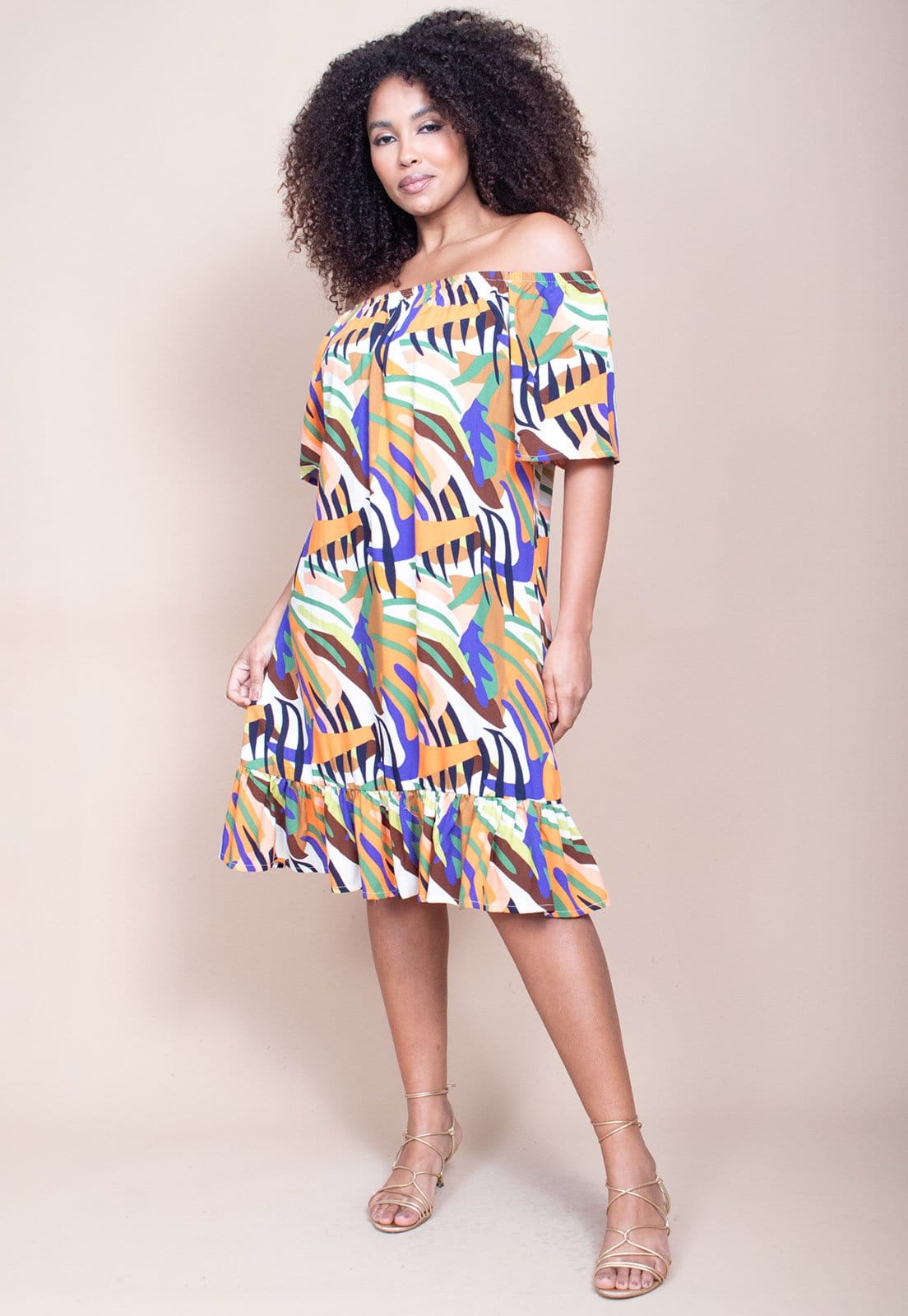 Vestido Curto Cabafree Mullet Ombro a Ombro Estampa Cores Vibrantes