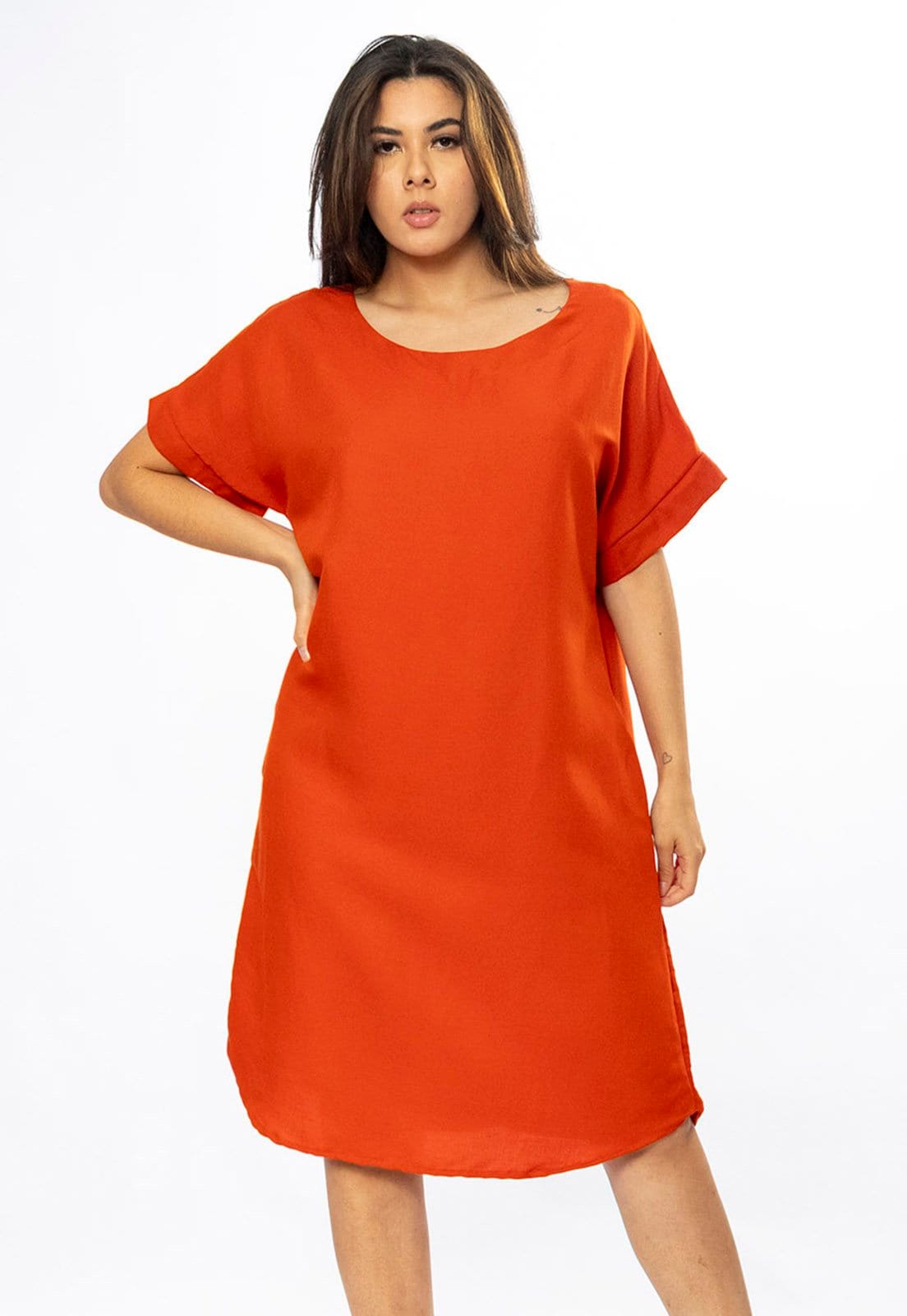 Vista 2 Vestido Curto Amazônia Vital Viscose com Bolso Terracota Amazonia Vital laranja