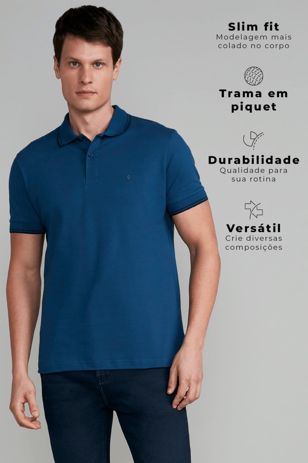 Vista 2 HIGHSTIL Polo Manga Curta Piquet Básica Slim Fit Noturno HIGHSTIL azul