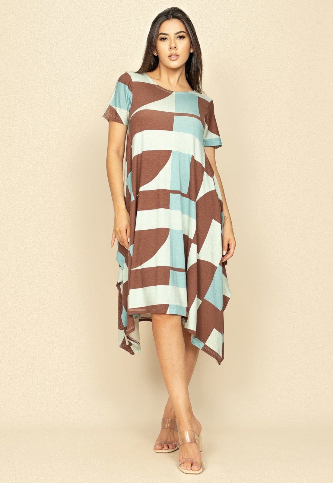 Vista 2 Vestido Saruel Malha Manga Curta Estampa Santa Rosa do Tocantins Cabanafree azul/estampado rosa