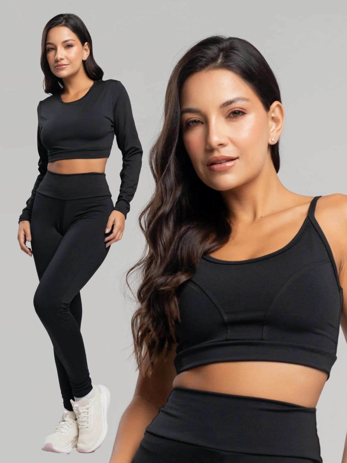 Conjunto Fitness Vicbela Calça Legging + Cropped Manga Longa + Top Alcinha Suplex Moda Fitness Academia