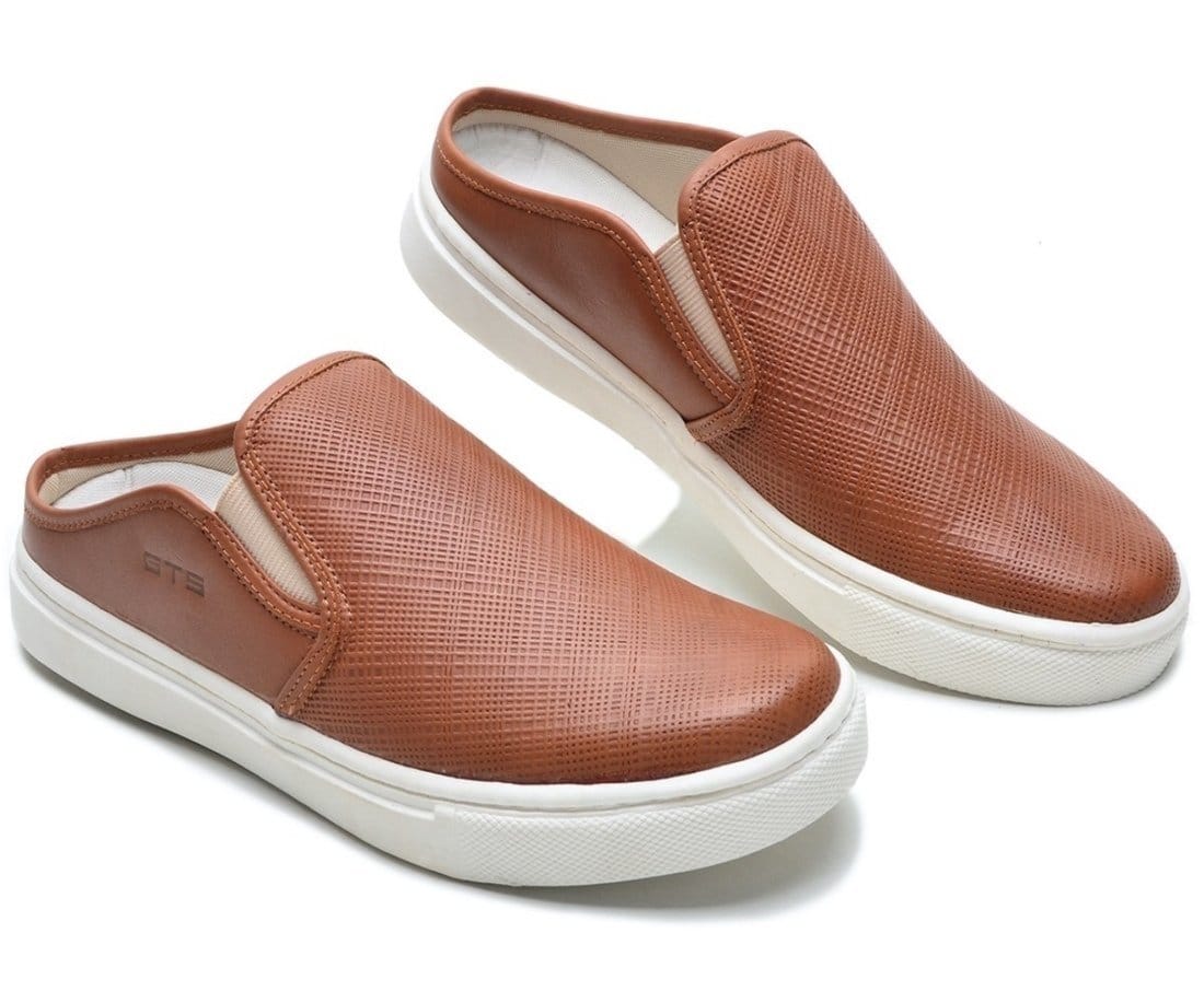 Vista 2 Tênis Mule Couro Casual Slip On Babuche Masculino Solado Flat Confortável Prático Versátil Whisky FRANCA GRIFFE marrom