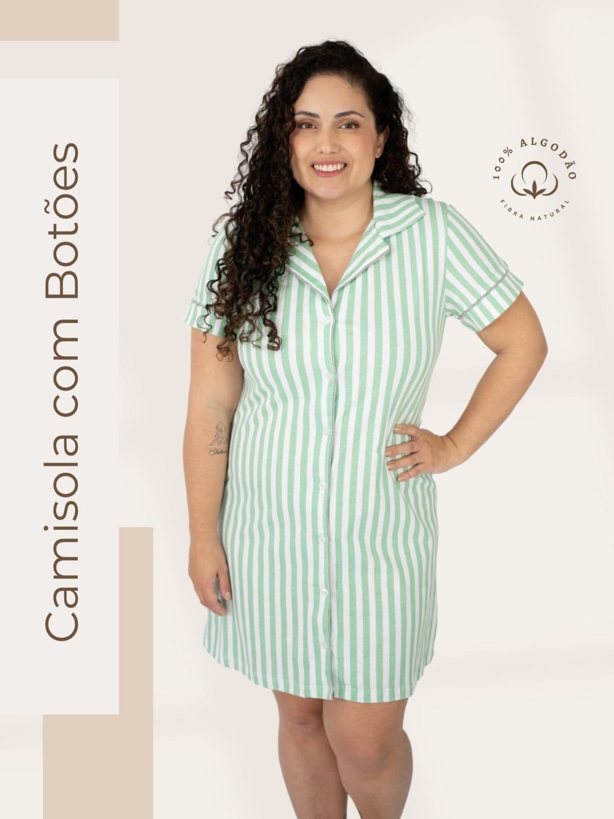 Camisola Algodão Plus Size Americana Curta Fiama - Listrado