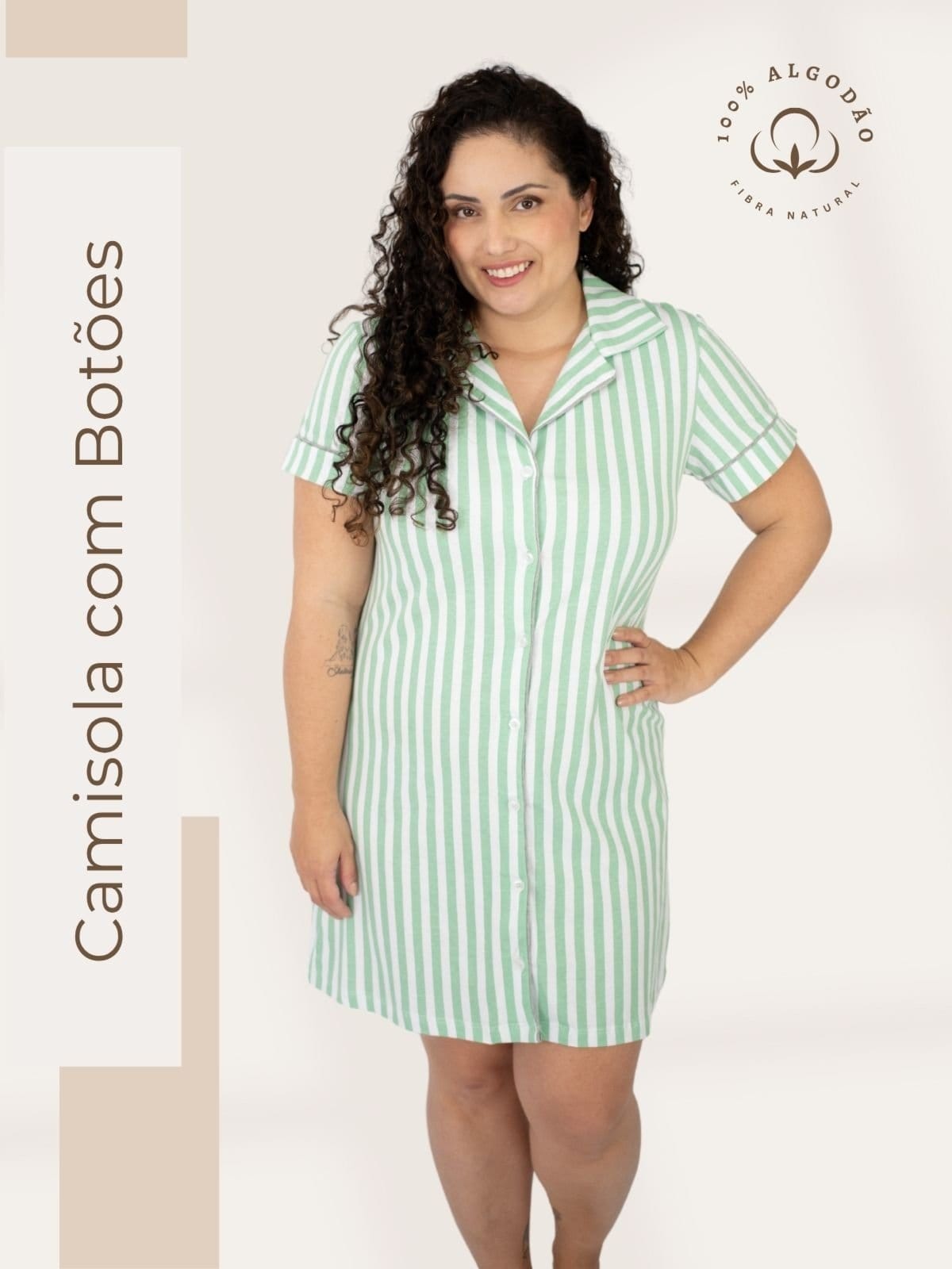 Vista 2 Camisola Algodão Plus Size Americana Curta Fiama - Listrado Piante verde