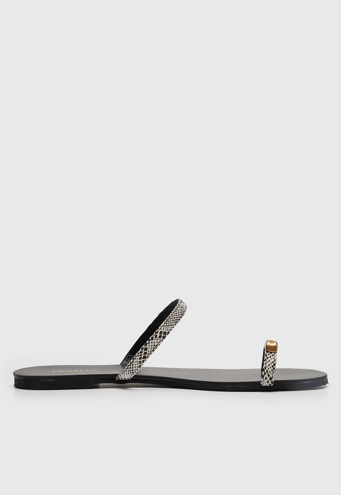 Vista 2 Rasteira Feminina Degalls Tiras Textura Cobra Dourada Preta Degalls preto