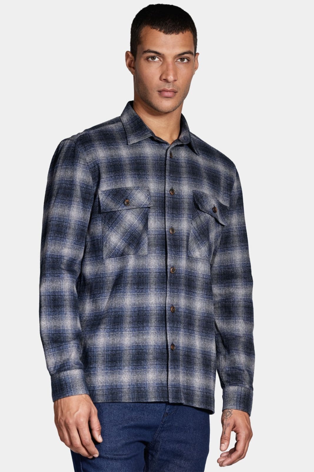 Camisa Aramis Manga Longa Regular Cotton Cinza/Azul Jeans